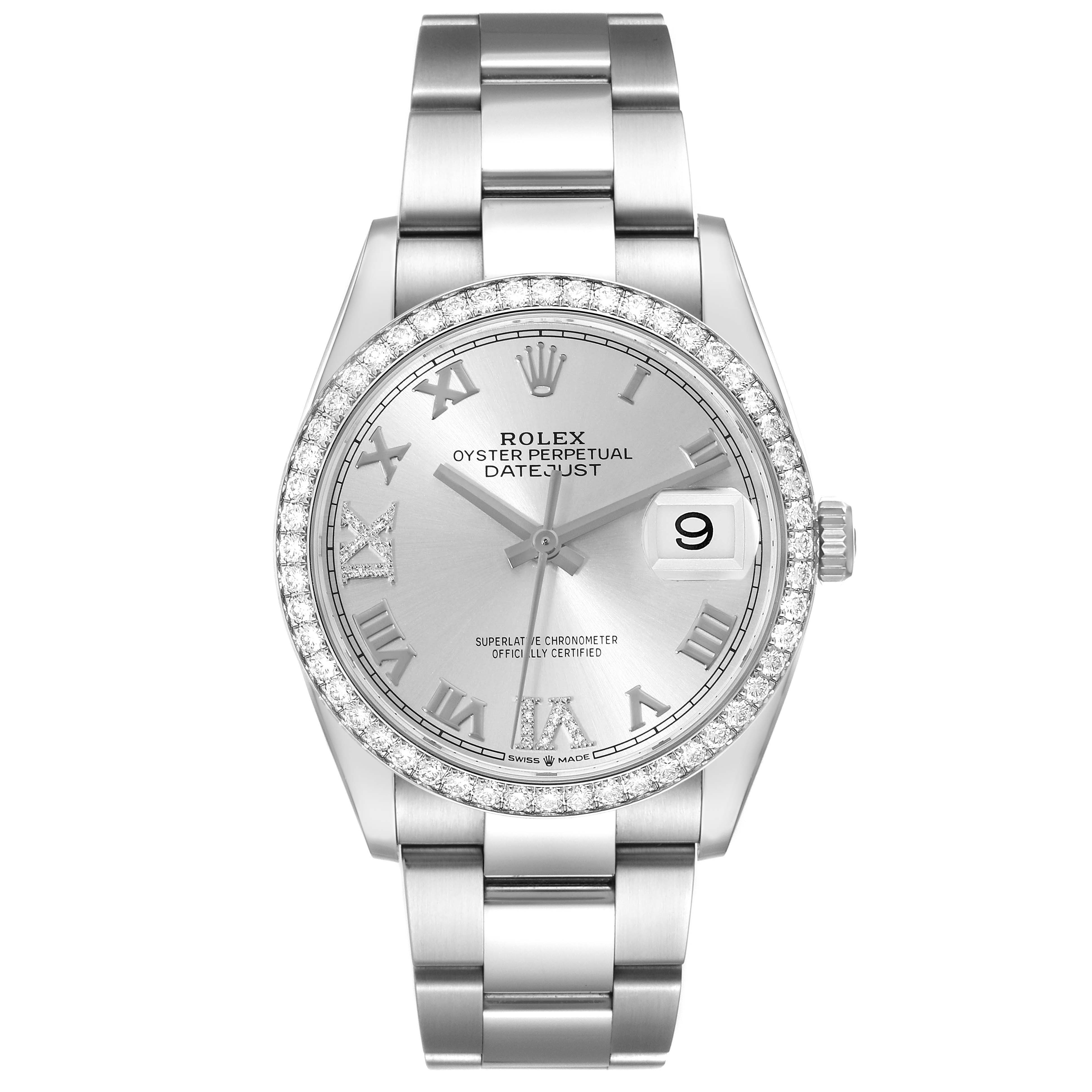 The Rolex Datejust 126284 Men's Stainless Steel Silver Dial 126284 Men's Stainless Steel Silver Dial watch is shown from the front, featuring the dial, bezel, bracelet, and crown.