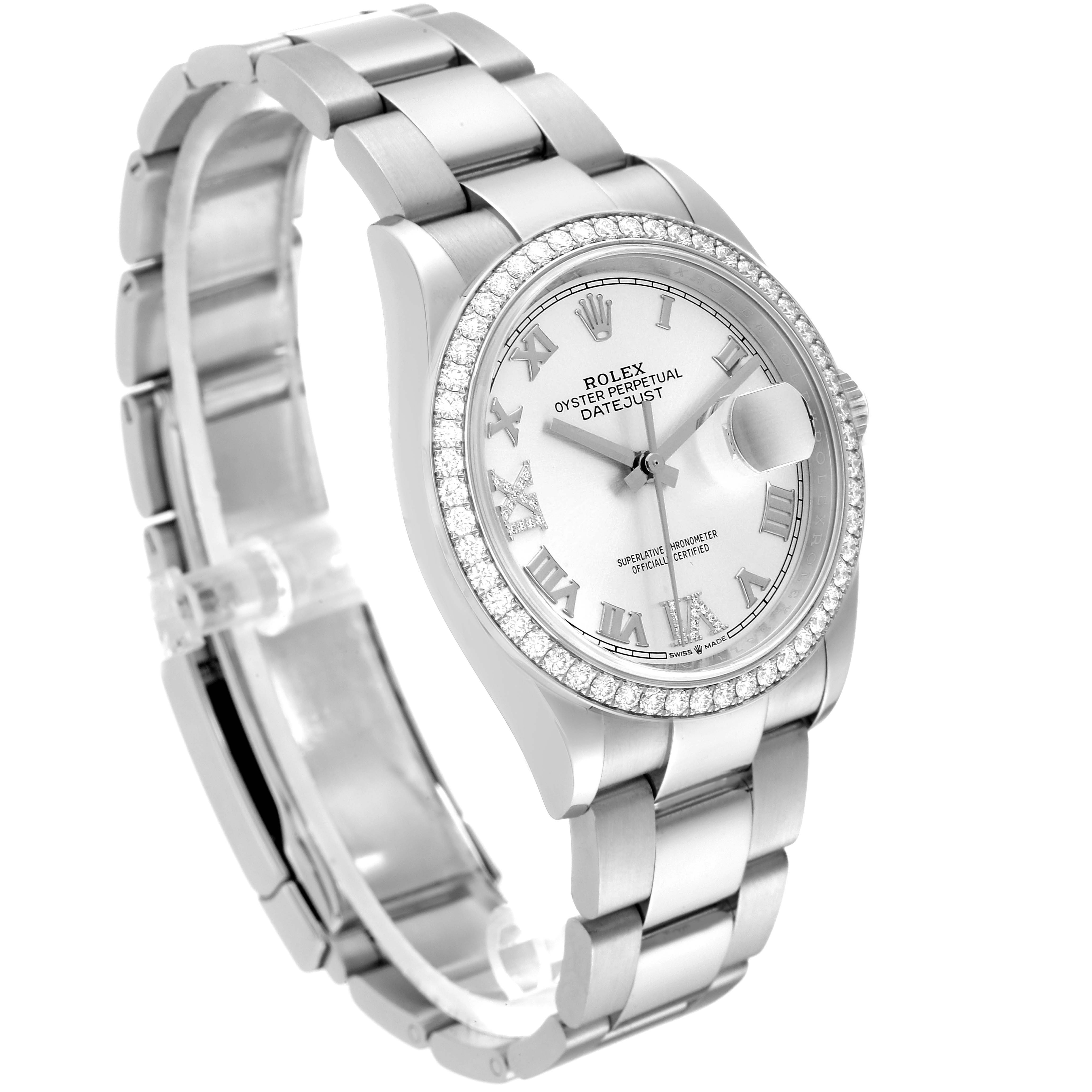 The Rolex Datejust 126284 Men's Stainless Steel Silver Dial 126284 Men's Stainless Steel Silver Dial watch is shown at a three-quarter angle, highlighting its dial, bezel, and bracelet.