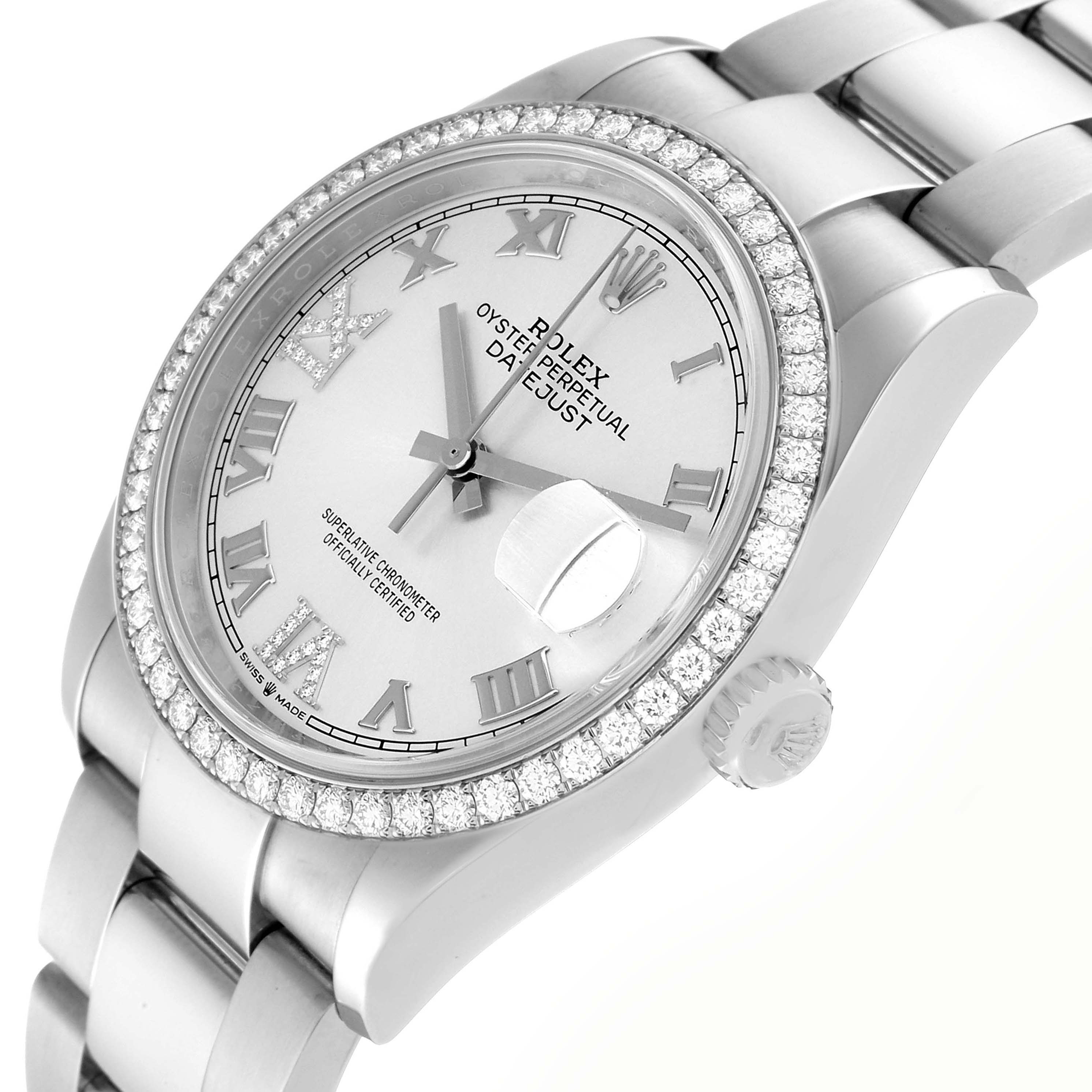 The Rolex Datejust 126284 Men's Stainless Steel Silver Dial 126284 Men's Stainless Steel Silver Dial watch is shown at an angled view, highlighting the dial, diamond bezel, crown, and part of the bracelet.
