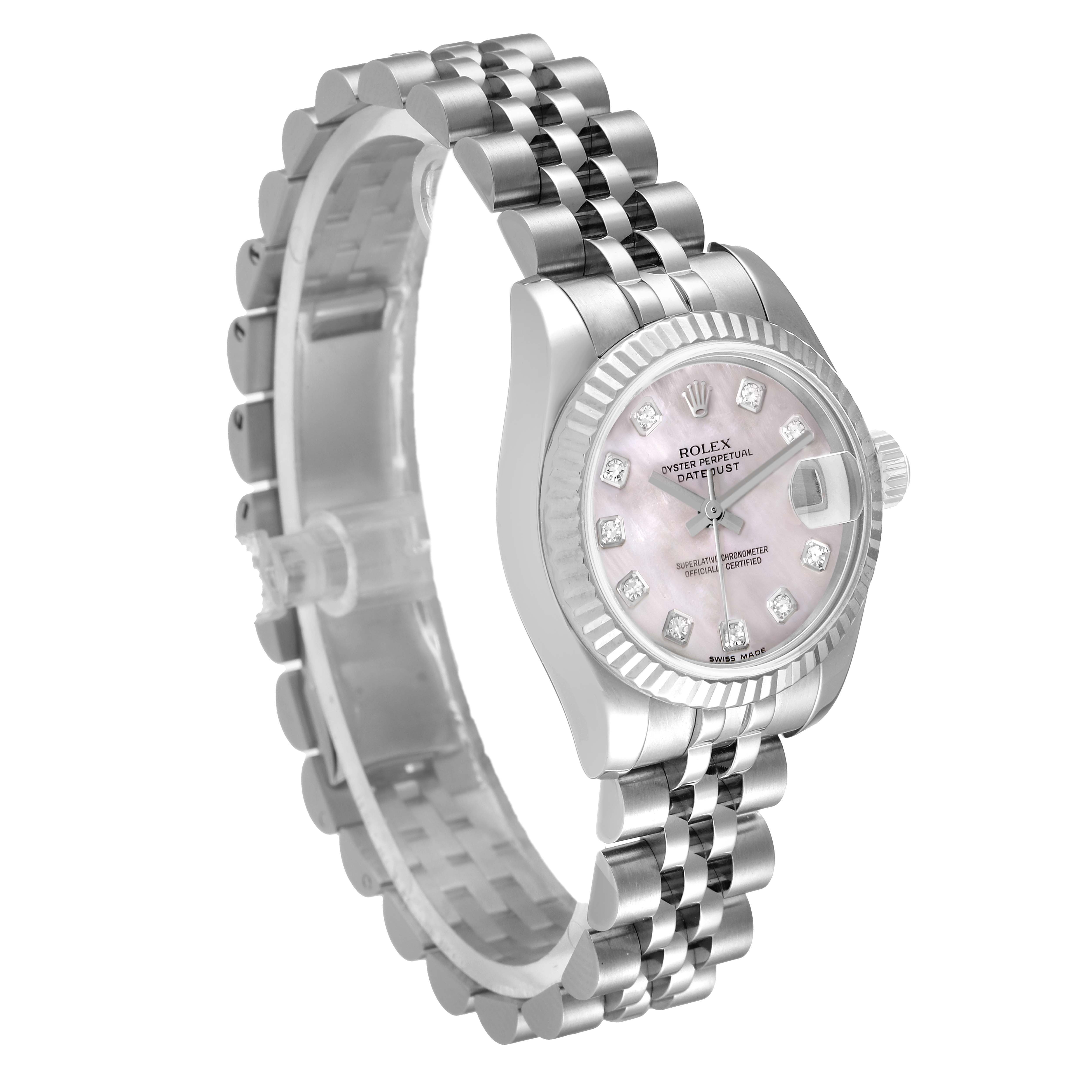 The image shows a Rolex Datejust 179174 Women's Stainless Steel Mother of Pearl Dial 179174 Women's Stainless Steel Mother of Pearl Dial watch at an angle, detailing the face with diamond hour markers and the stainless steel bracelet.