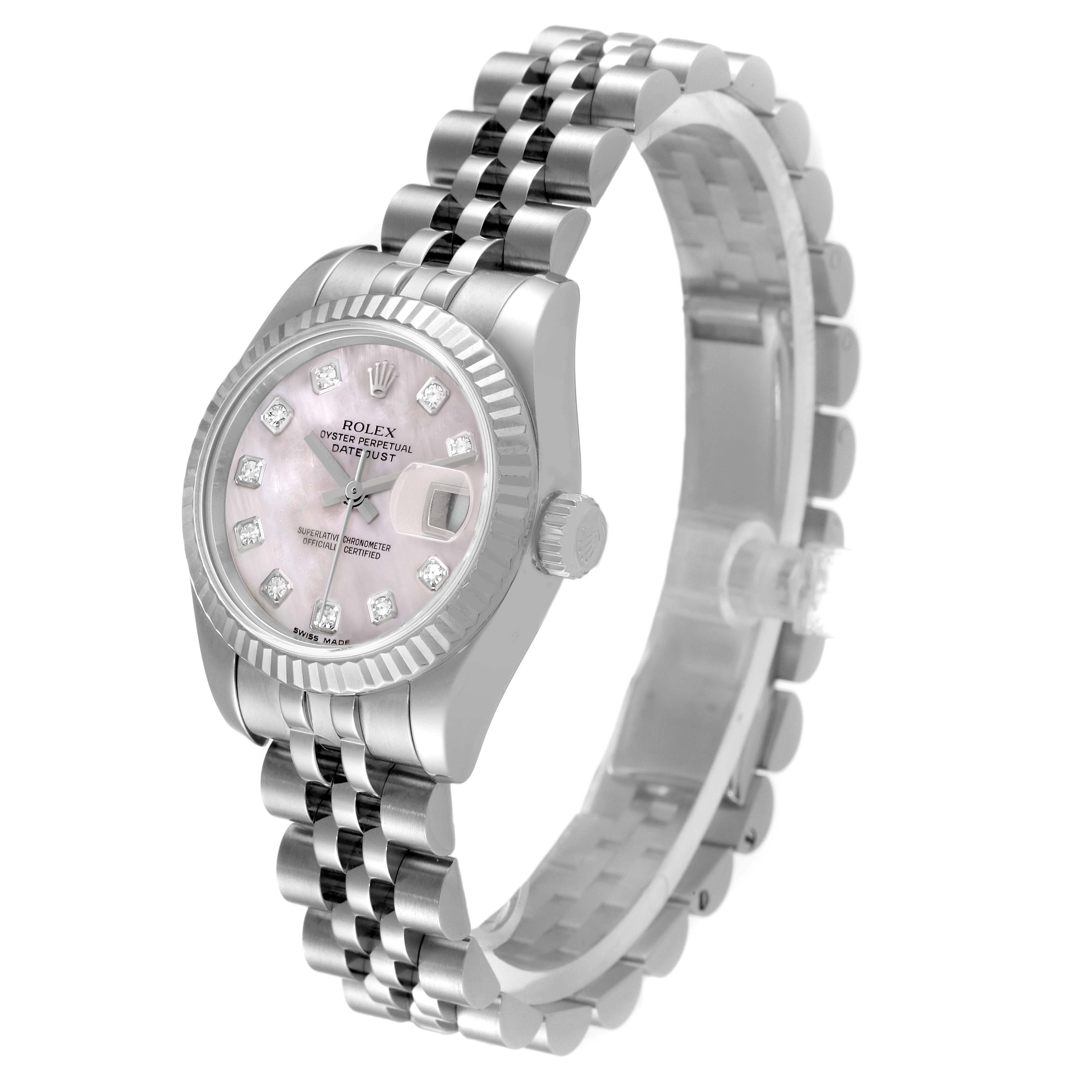 The image shows a Rolex Datejust 179174 Women's Stainless Steel Mother of Pearl Dial 179174 Women's Stainless Steel Mother of Pearl Dial watch at a slight angle from above, highlighting its face, bezel, and part of the bracelet.