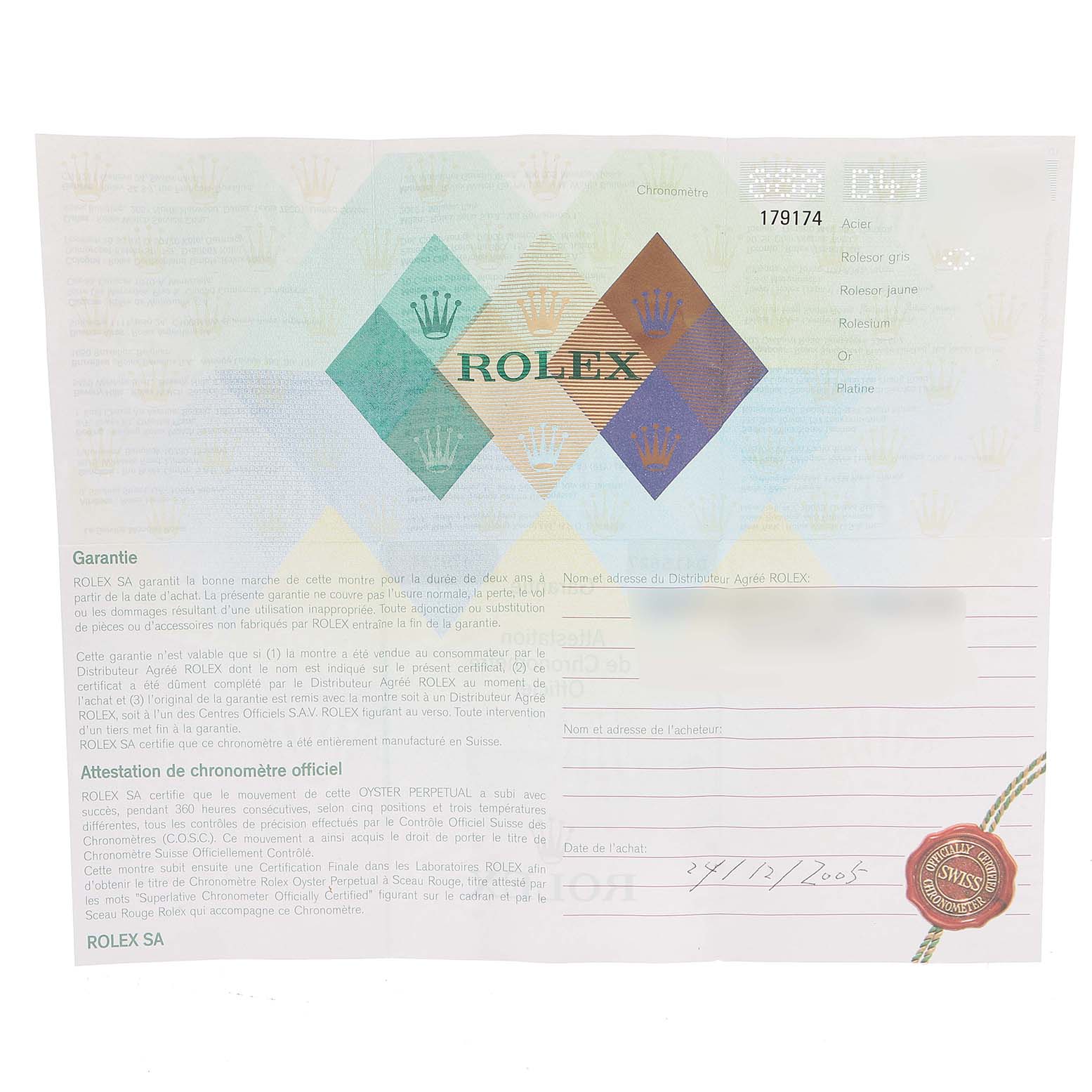 The image shows a warranty certificate for a Rolex Datejust 179174 Women's Stainless Steel Mother of Pearl Dial 179174 Women's Stainless Steel Mother of Pearl Dial watch, displaying brand details, model number, and purchase date.