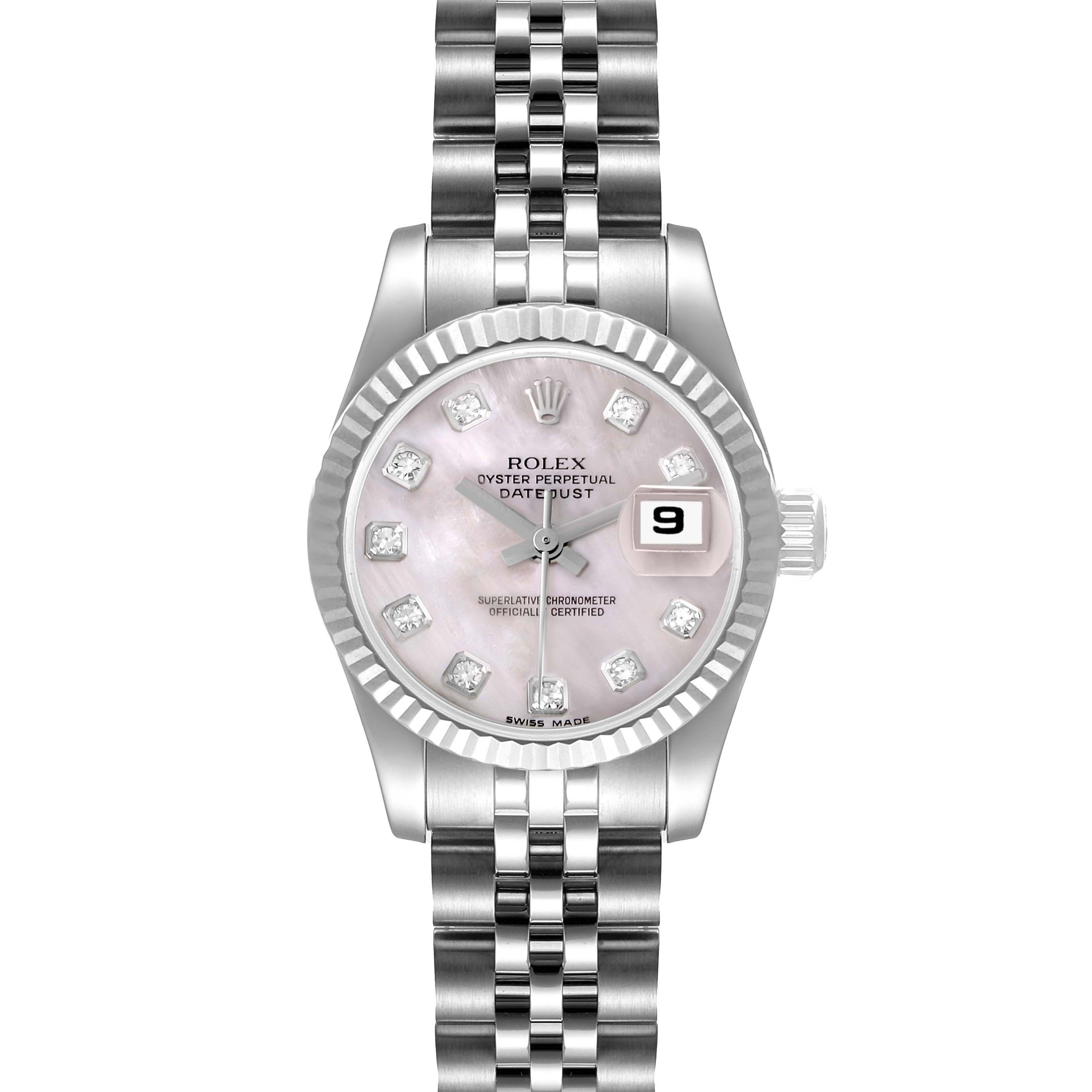 This image shows a front view of the Rolex Datejust 179174 Women's Stainless Steel Mother of Pearl Dial 179174 Women's Stainless Steel Mother of Pearl Dial watch, displaying the dial, hands, bezel, date window, and bracelet.