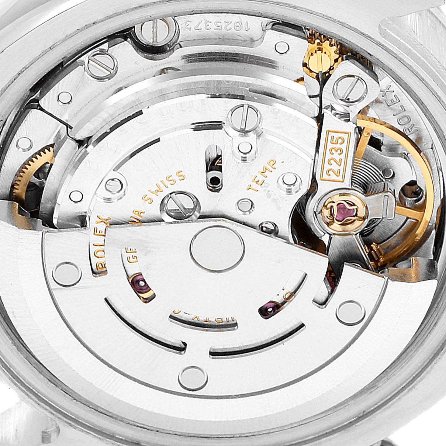 This image shows the internal mechanical movement of a Rolex Datejust 179174 Women's Stainless Steel Mother of Pearl Dial 179174 Women's Stainless Steel Mother of Pearl Dial watch from a close-up, detailed angle.