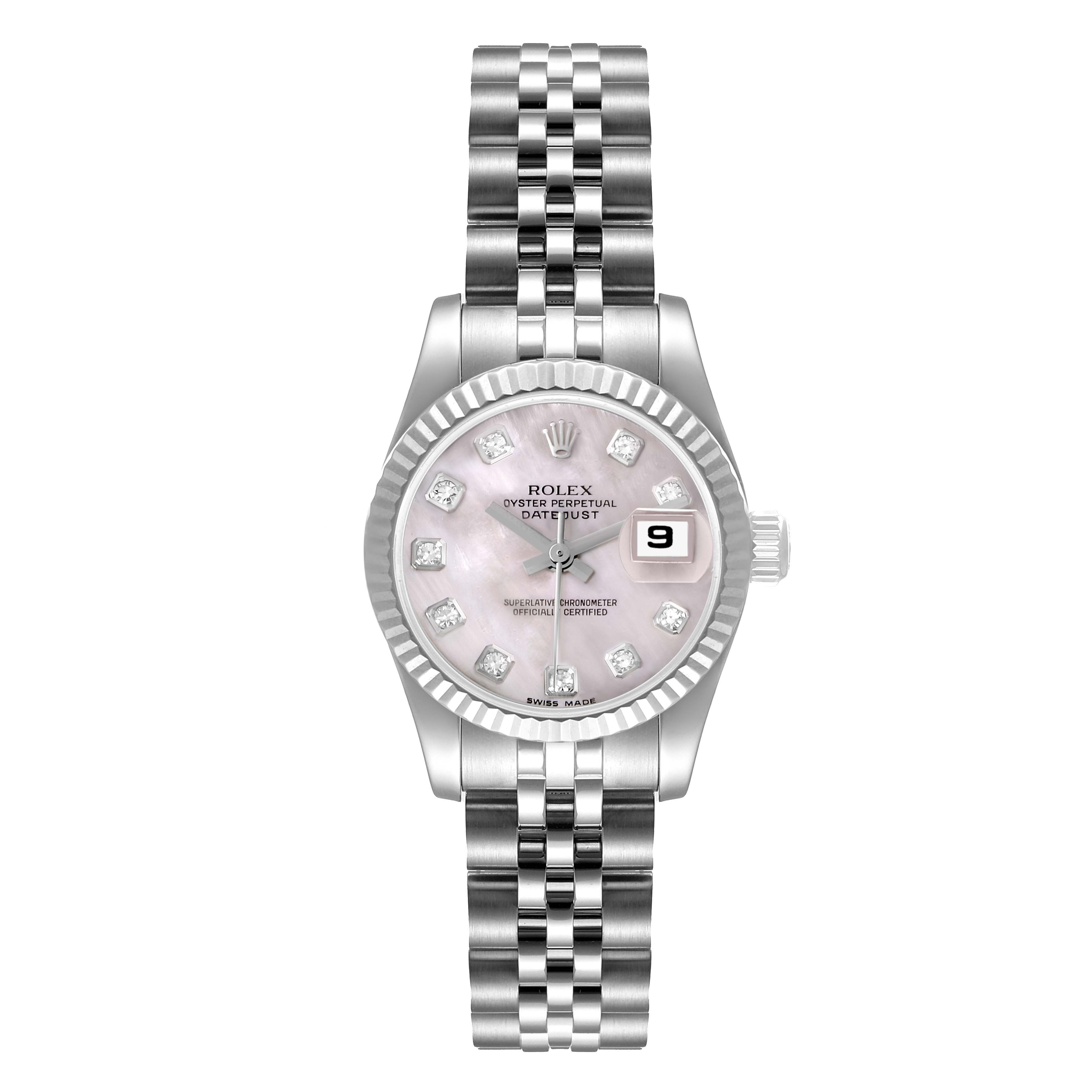This image shows a front angle view of a Rolex Datejust 179174 Women's Stainless Steel Mother of Pearl Dial 179174 Women's Stainless Steel Mother of Pearl Dial watch, featuring its face, dial, bezel, and bracelet.