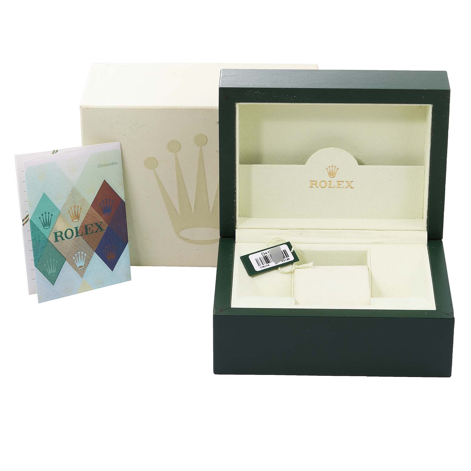 This image shows the packaging for the Rolex Datejust 179174 Women's Stainless Steel Mother of Pearl Dial 179174 Women's Stainless Steel Mother of Pearl Dial model including the box, outer box, booklet, and a tag.