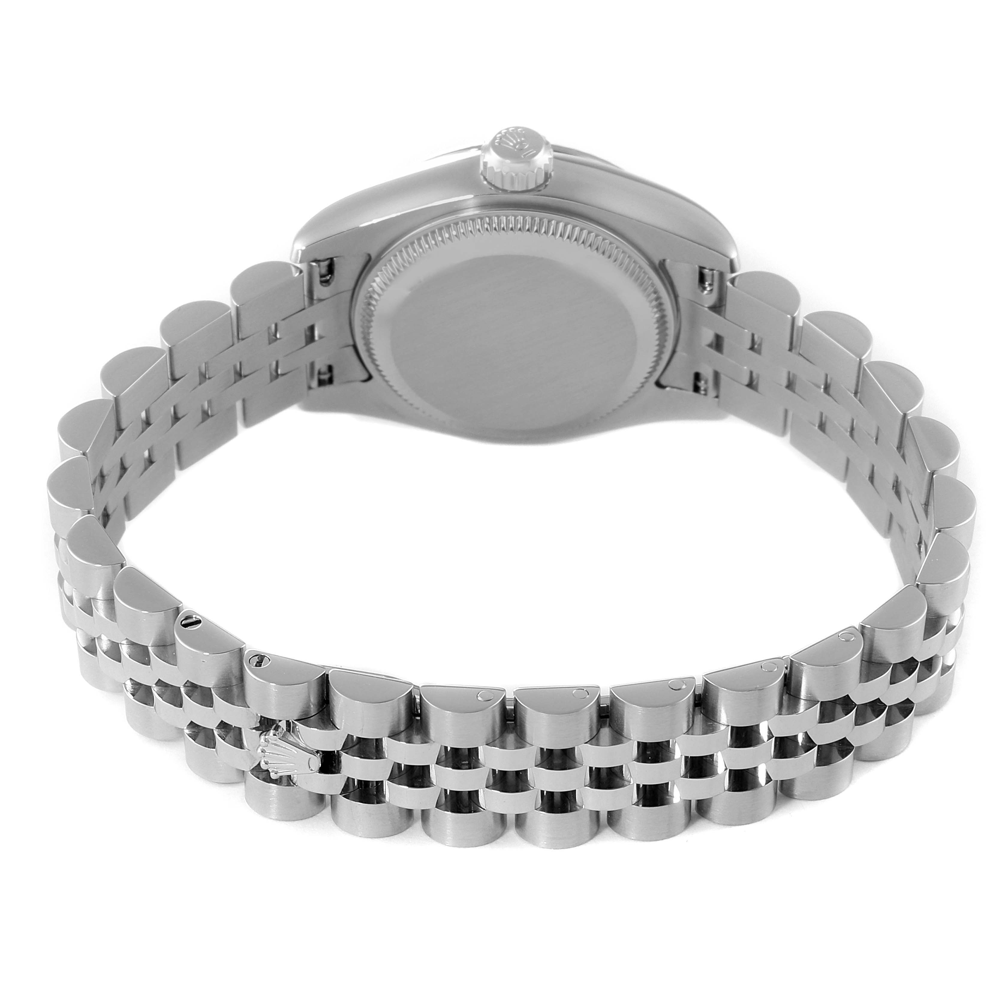 The image shows the backside and bracelet of a Rolex Datejust 179174 Women's Stainless Steel Mother of Pearl Dial 179174 Women's Stainless Steel Mother of Pearl Dial, viewed from a rear angle.