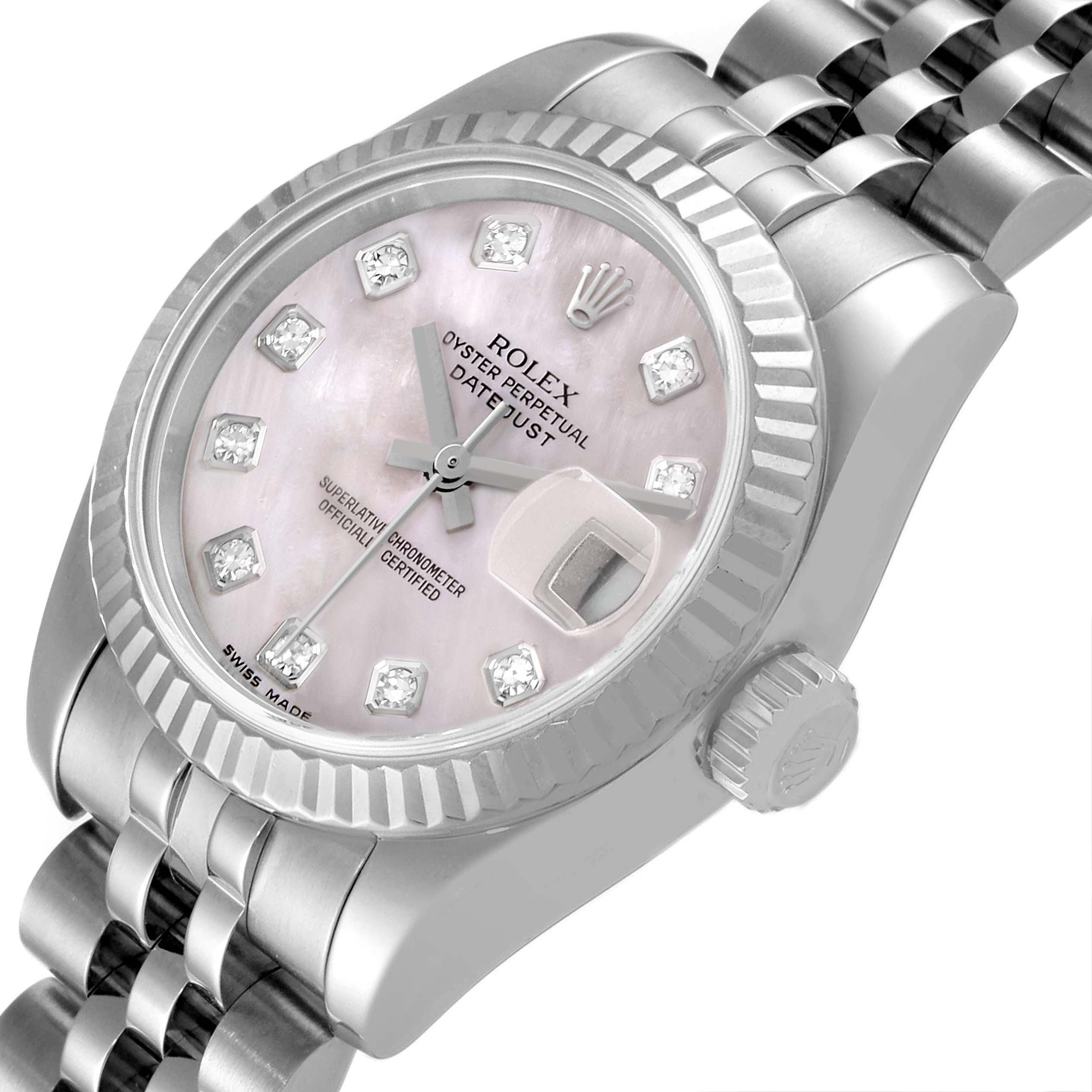 The Rolex Datejust 179174 Women's Stainless Steel Mother of Pearl Dial 179174 Women's Stainless Steel Mother of Pearl Dial watch is shown at a slight angle, highlighting the face, diamond markers, fluted bezel, and part of the bracelet.