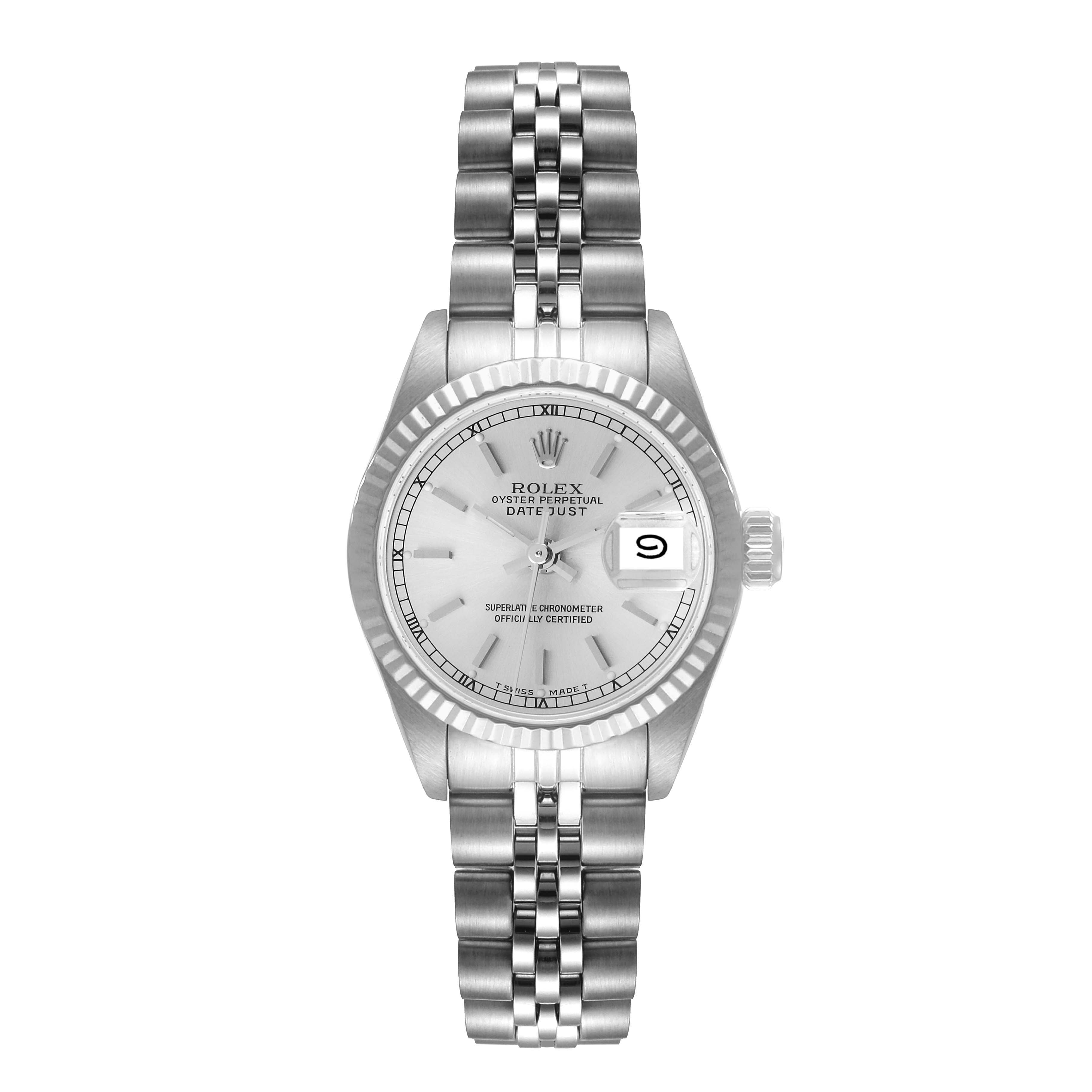 The image shows a frontal view of a Rolex Datejust 69174 Women
s Stainless Steel Silver Dial 69174 Women
s Stainless Steel Silver Dial watch, featuring its bezel, dial, bracelet, and date window.