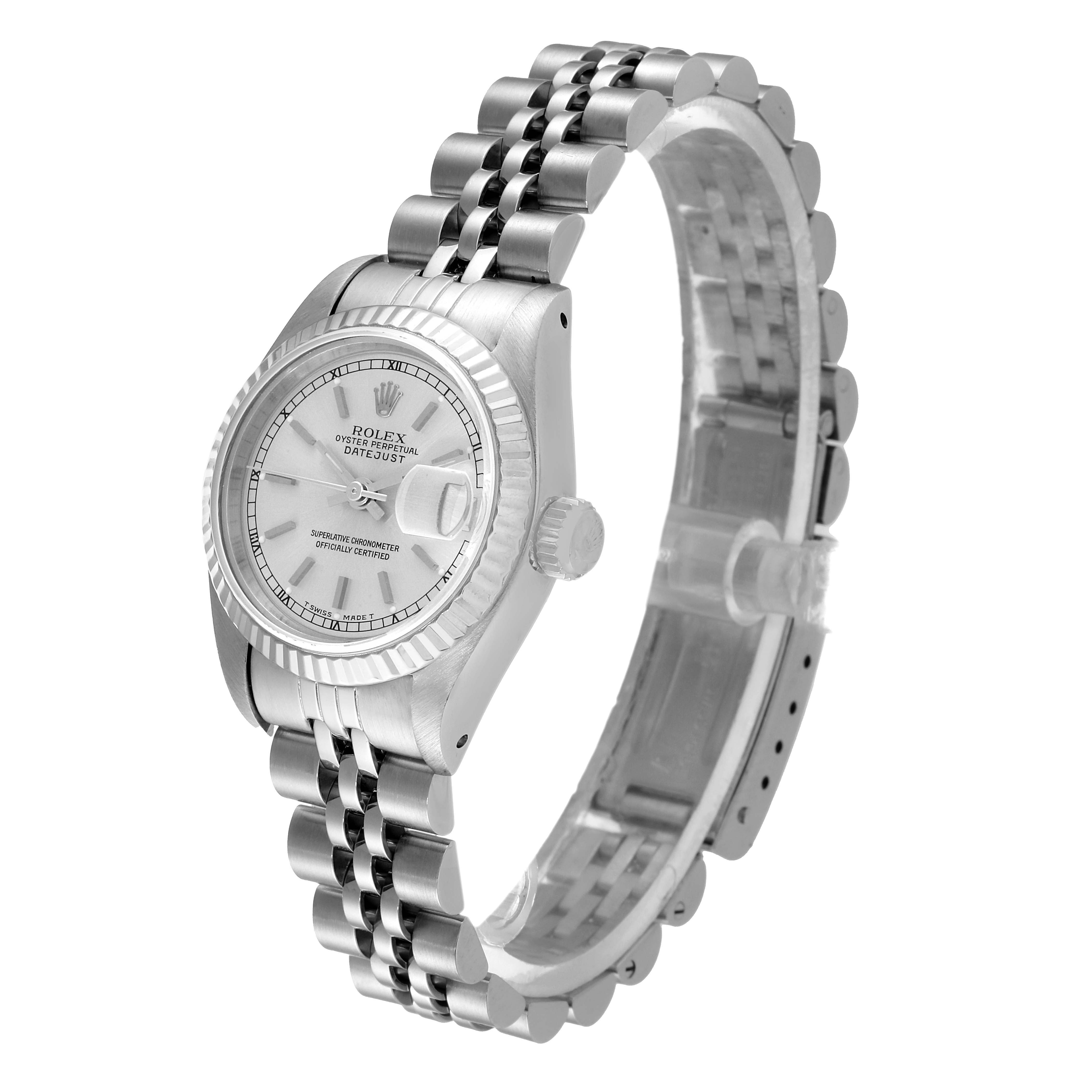 This image shows a Rolex Datejust 69174 Women
s Stainless Steel Silver Dial 69174 Women
s Stainless Steel Silver Dial model at a slight angle, highlighting its face, bezel, crown, and partial bracelet.