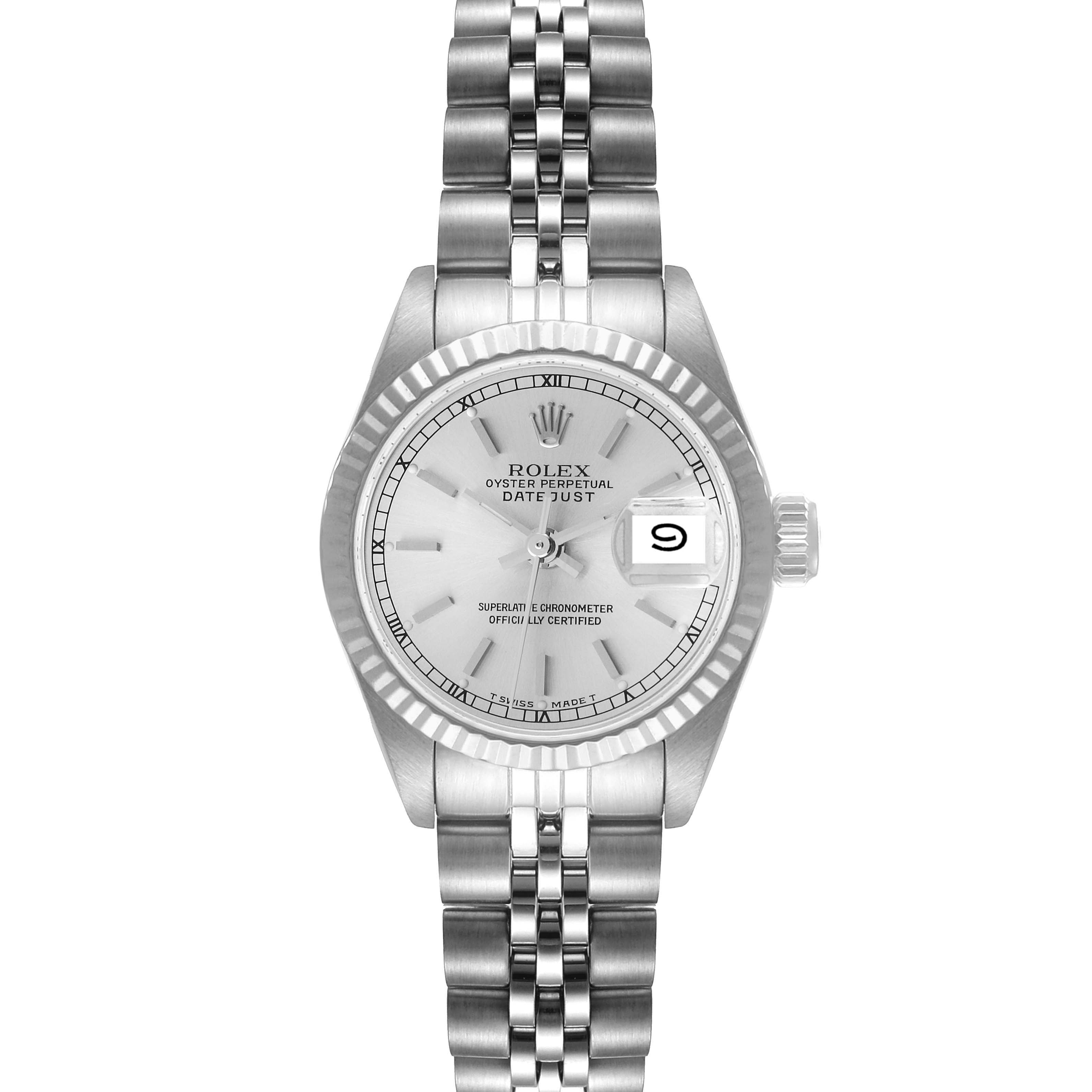 This image shows a frontal view of a Rolex Datejust 69174 Women
s Stainless Steel Silver Dial 69174 Women
s Stainless Steel Silver Dial watch, highlighting its dial, bezel, and Jubilee bracelet.