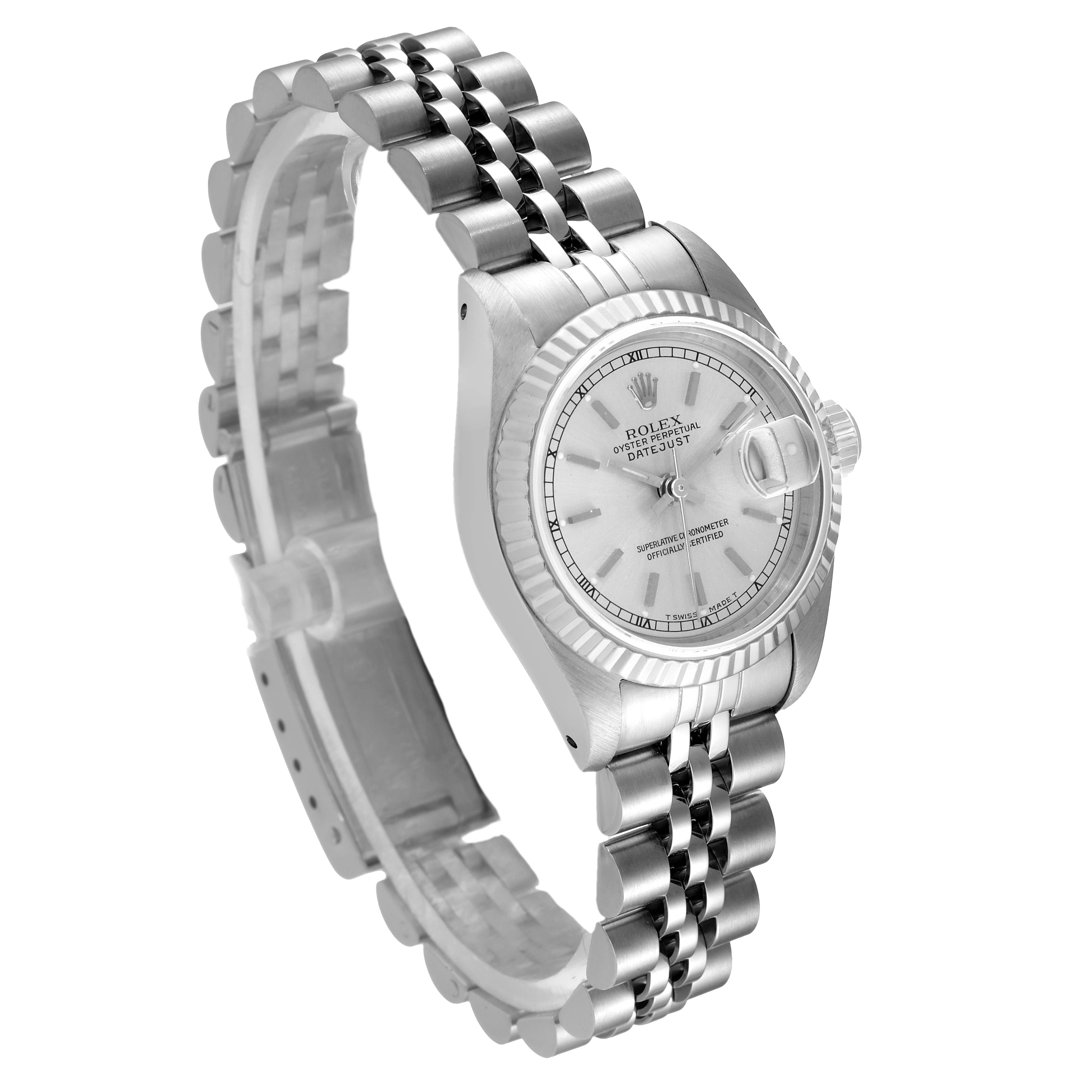 The image shows a Rolex Datejust 69174 Women
s Stainless Steel Silver Dial 69174 Women
s Stainless Steel Silver Dial watch in a side angle view, highlighting the case, dial, bezel, and bracelet.