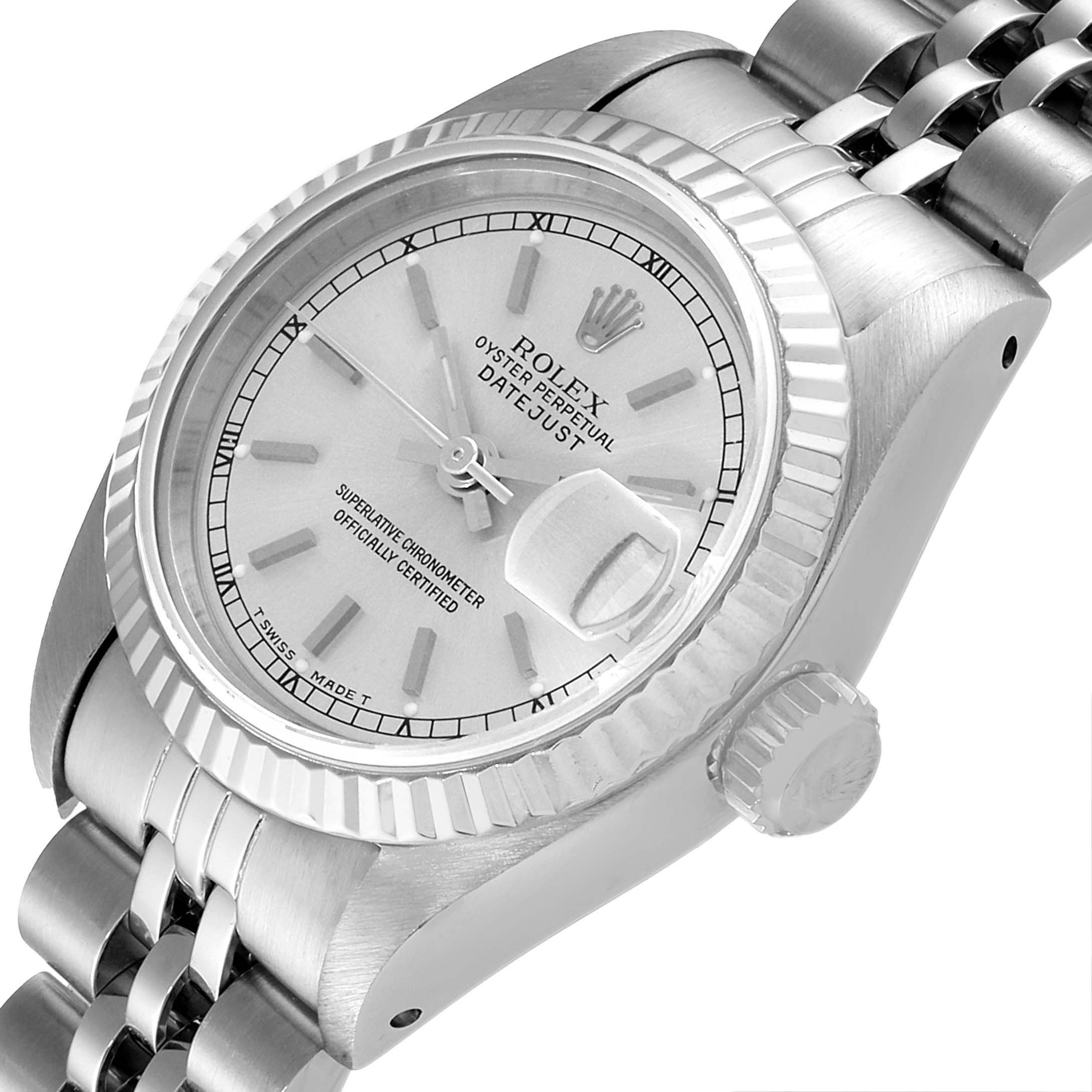 The image shows a Rolex Datejust 69174 Women
s Stainless Steel Silver Dial 69174 Women
s Stainless Steel Silver Dial watch at an oblique angle, highlighting the dial, crown, bezel, and part of the bracelet.