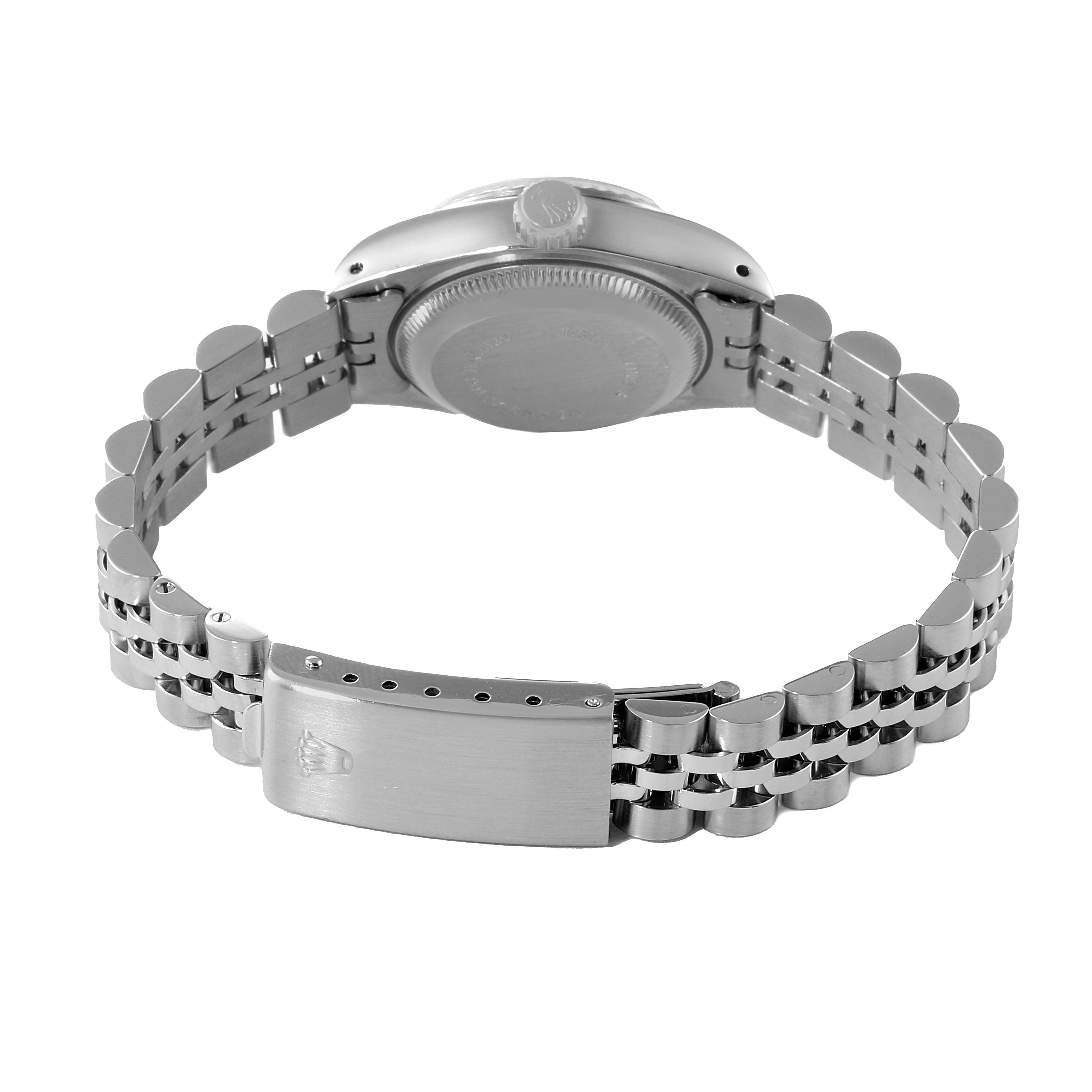 The image shows the back angle of a Rolex Datejust 69174 Women
s Stainless Steel Silver Dial 69174 Women
s Stainless Steel Silver Dial watch, focusing on its case back and Jubilee bracelet with a clasp.