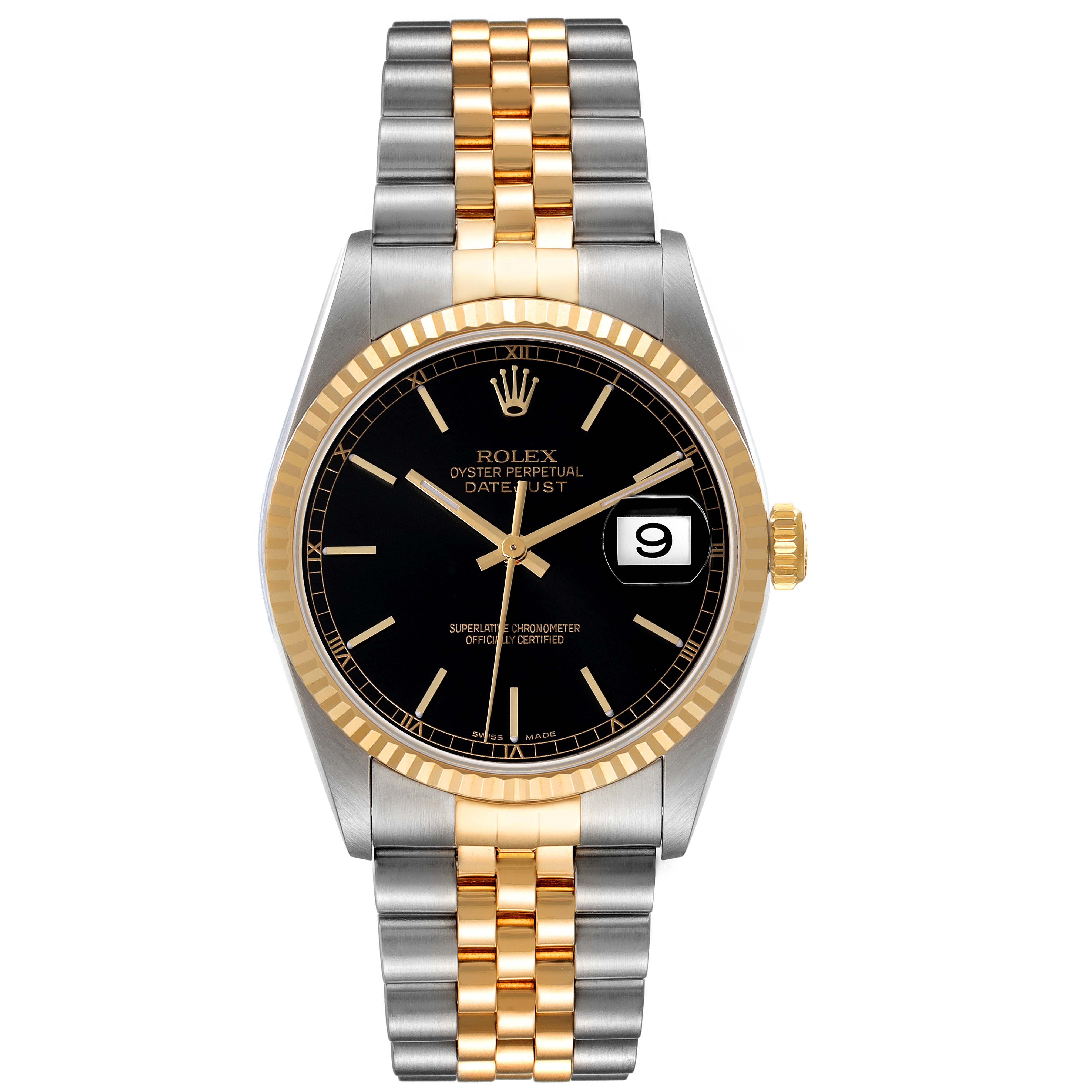 The image shows a front view of a Rolex Datejust 16233 Men's Steel and Gold (two tone) Black Dial 16233 Men's Steel and Gold (two tone) Black Dial watch featuring a black dial, two-tone metal bracelet, and date display.