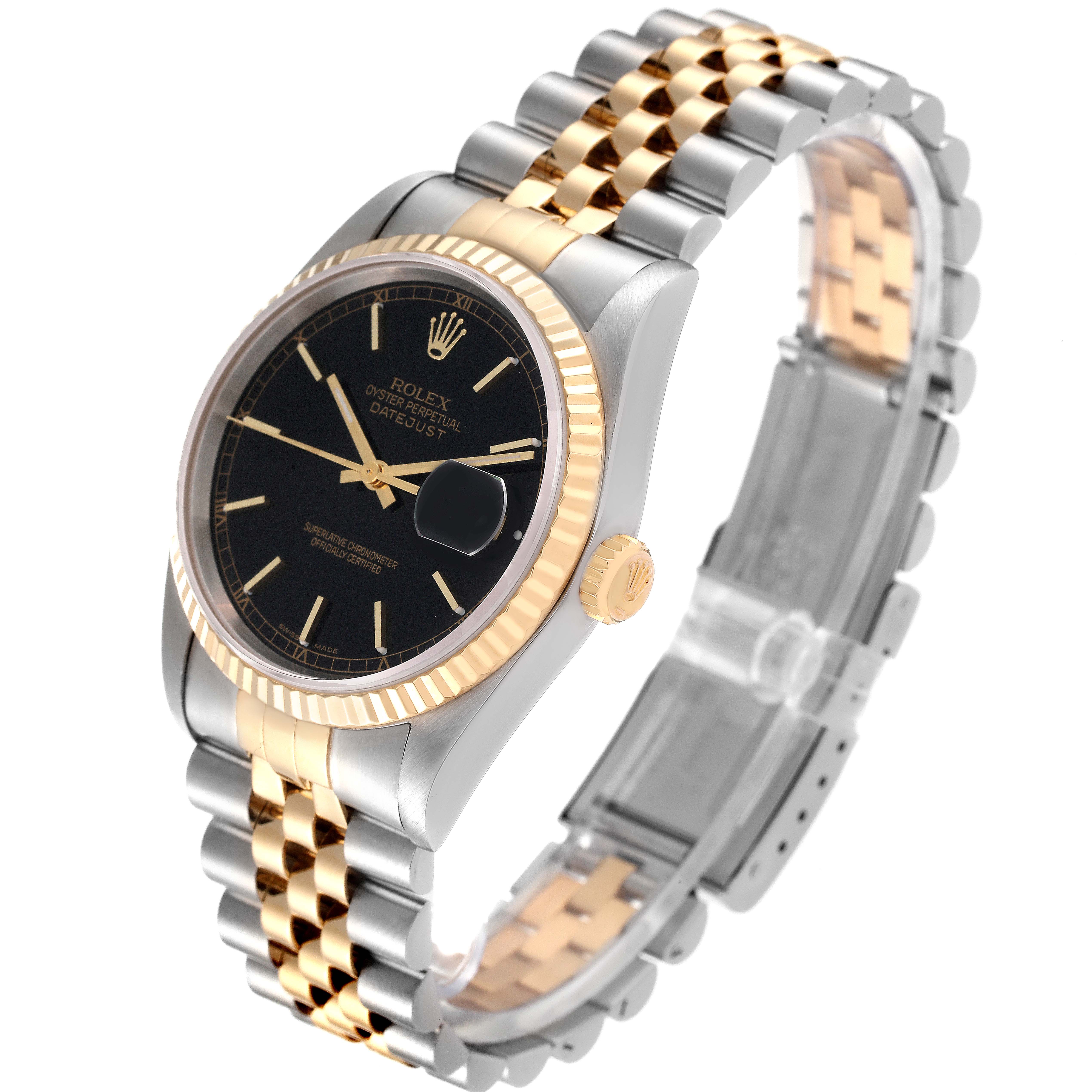 This Rolex Datejust 16233 Men's Steel and Gold (two tone) Black Dial 16233 Men's Steel and Gold (two tone) Black Dial watch is shown at a slight angle, displaying the dial, bezel, crown, and bracelet.