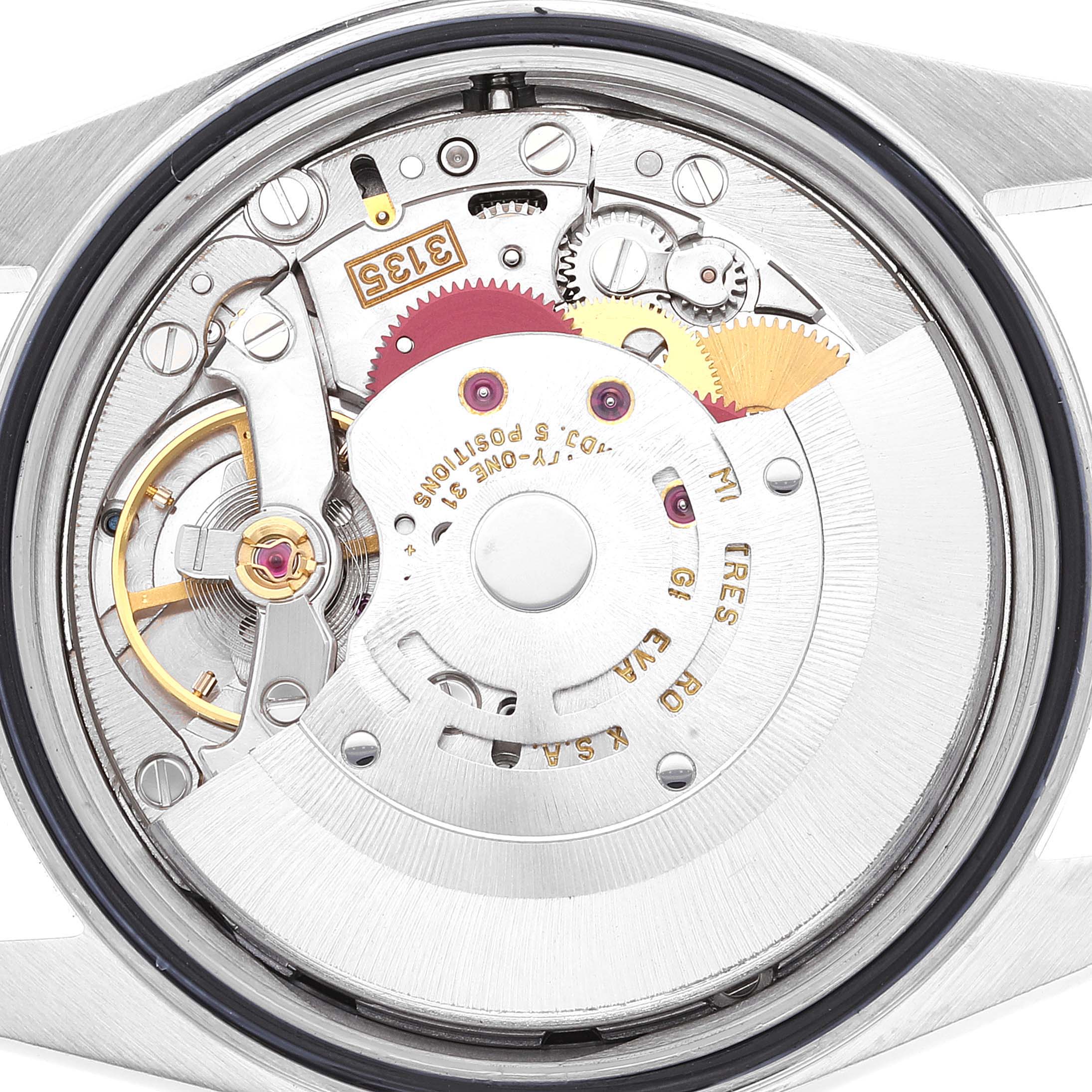 This image shows the internal mechanical components of a Rolex Datejust 16233 Men's Steel and Gold (two tone) Black Dial 16233 Men's Steel and Gold (two tone) Black Dial watch, viewed from the back.