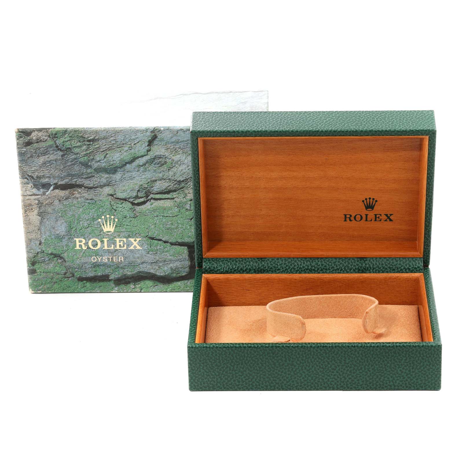 The image shows an open green and wood Rolex box for the Datejust model, positioned at an angle revealing the interior and outer packaging.