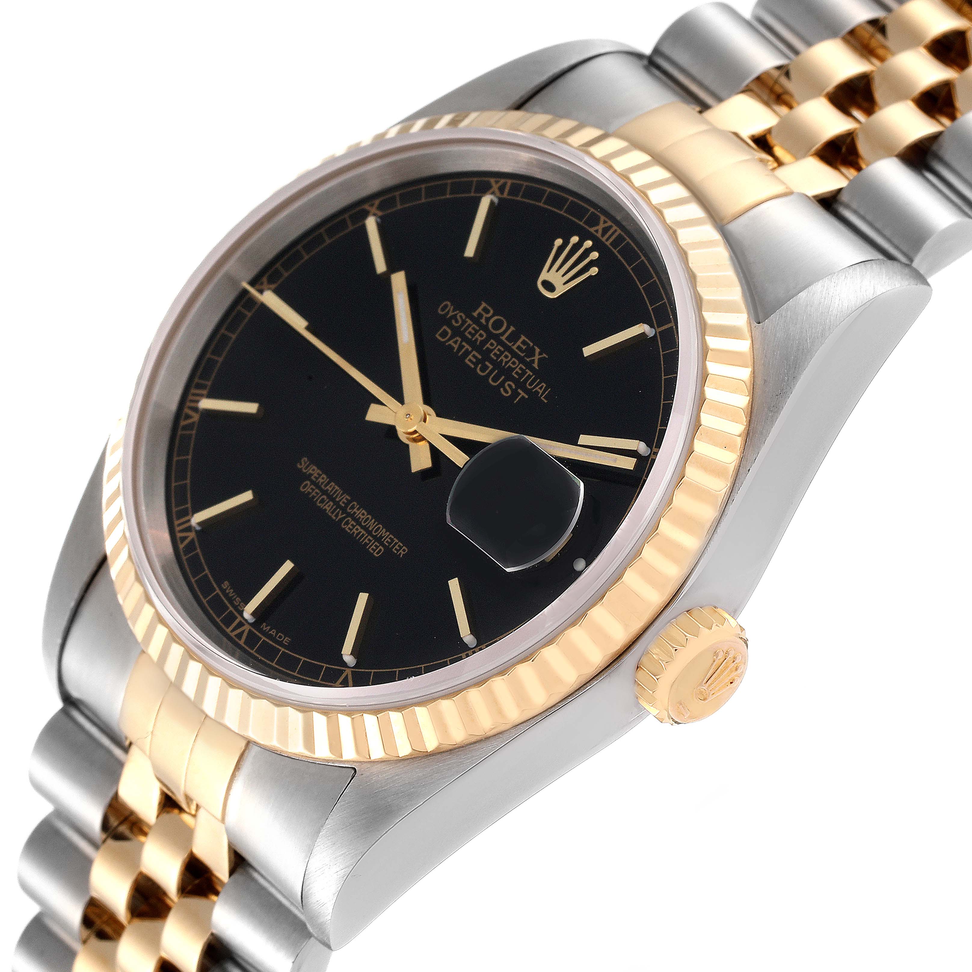 The image shows a Rolex Datejust 16233 Men's Steel and Gold (two tone) Black Dial 16233 Men's Steel and Gold (two tone) Black Dial watch at an angle, highlighting its face, bezel, crown, and Jubilee bracelet.