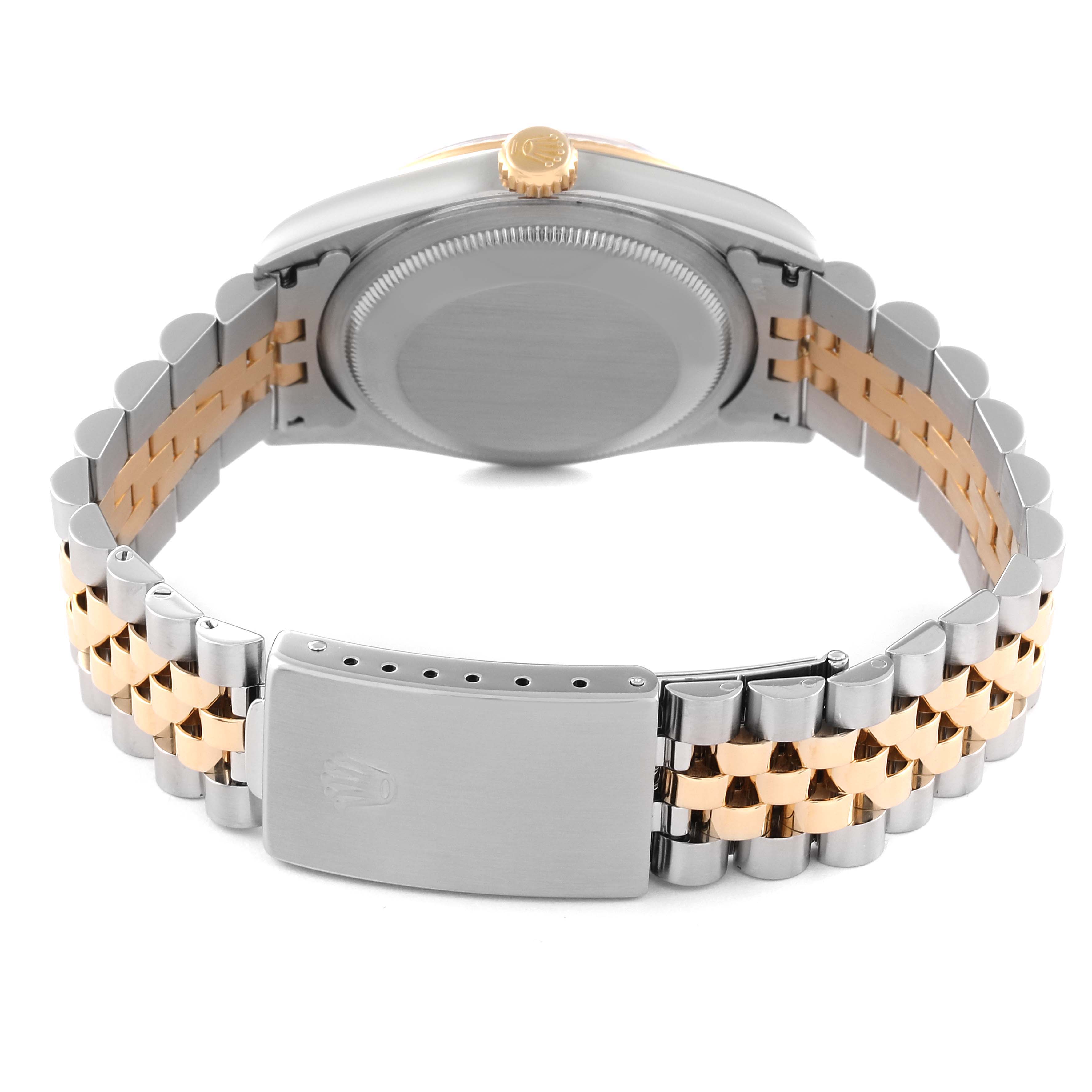 This image shows the back of a Rolex Datejust 16233 Men's Steel and Gold (two tone) Black Dial 16233 Men's Steel and Gold (two tone) Black Dial watch, highlighting the case back, crown, and two-tone bracelet with the clasp closed.