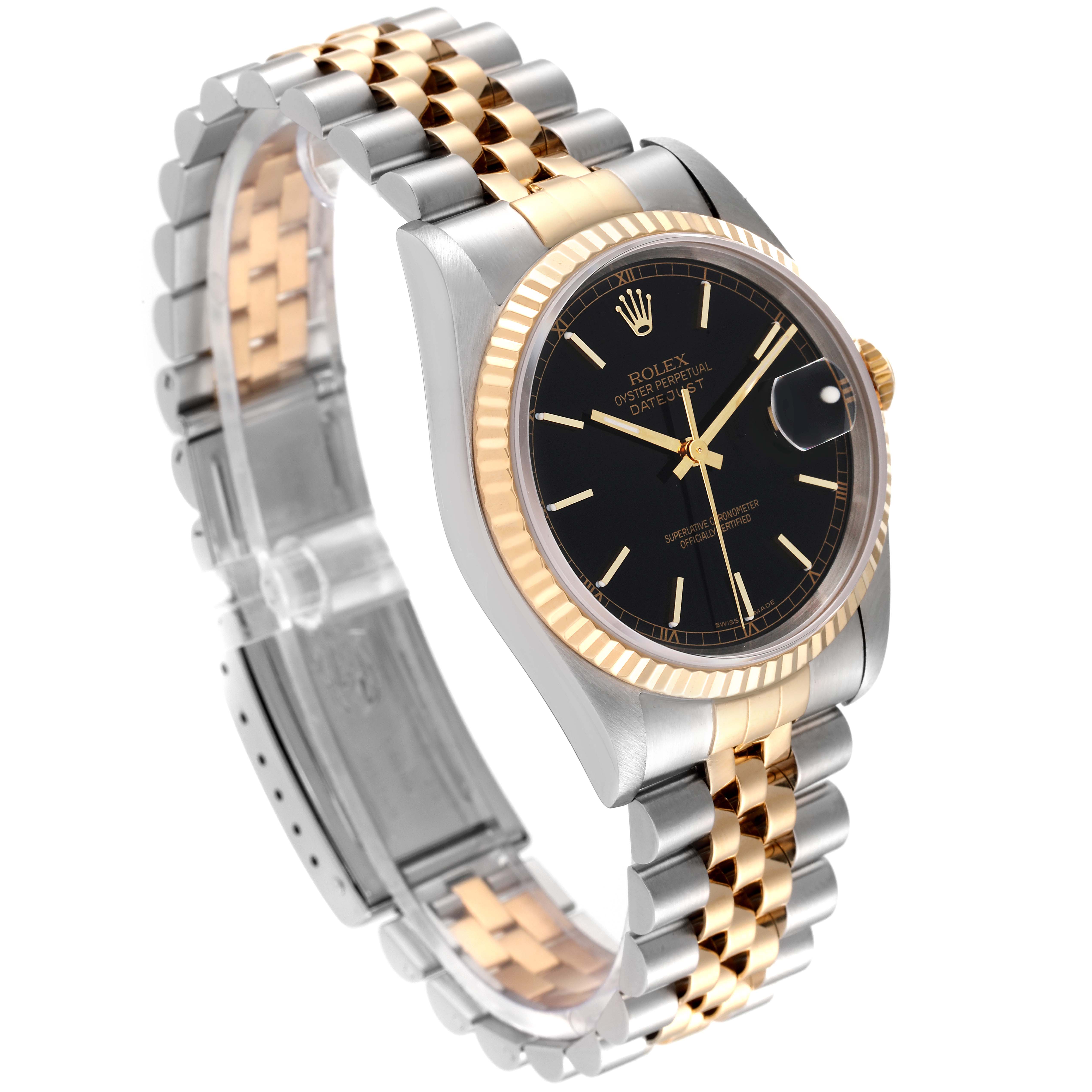 The image shows a Rolex Datejust 16233 Men's Steel and Gold (two tone) Black Dial 16233 Men's Steel and Gold (two tone) Black Dial watch at a three-quarter angle, highlighting its black dial, two-tone bracelet, and fluted bezel.
