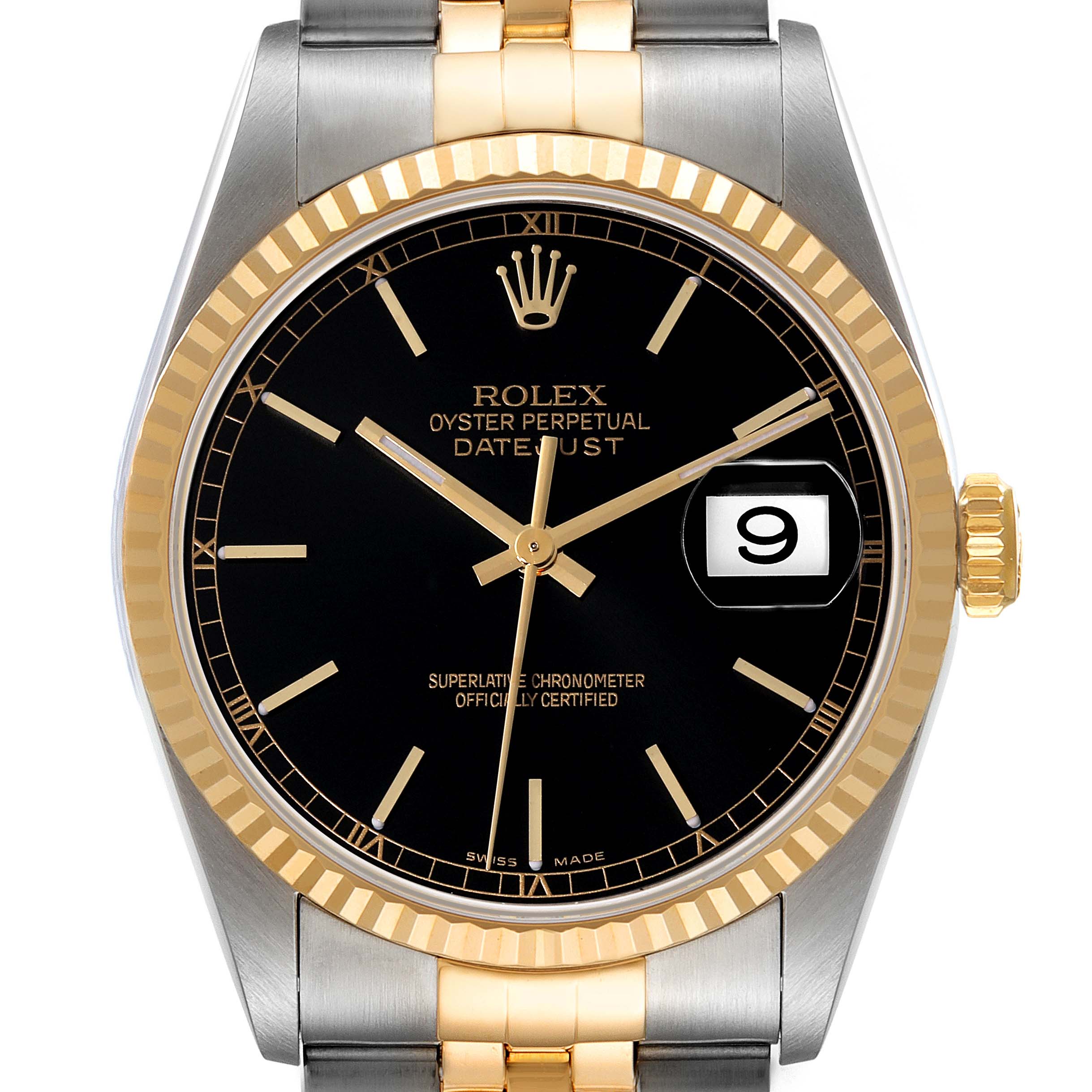The image shows a front view of a Rolex Datejust 16233 Men's Steel and Gold (two tone) Black Dial 16233 Men's Steel and Gold (two tone) Black Dial watch featuring a black dial, date window, gold fluted bezel, and two-tone bracelet.