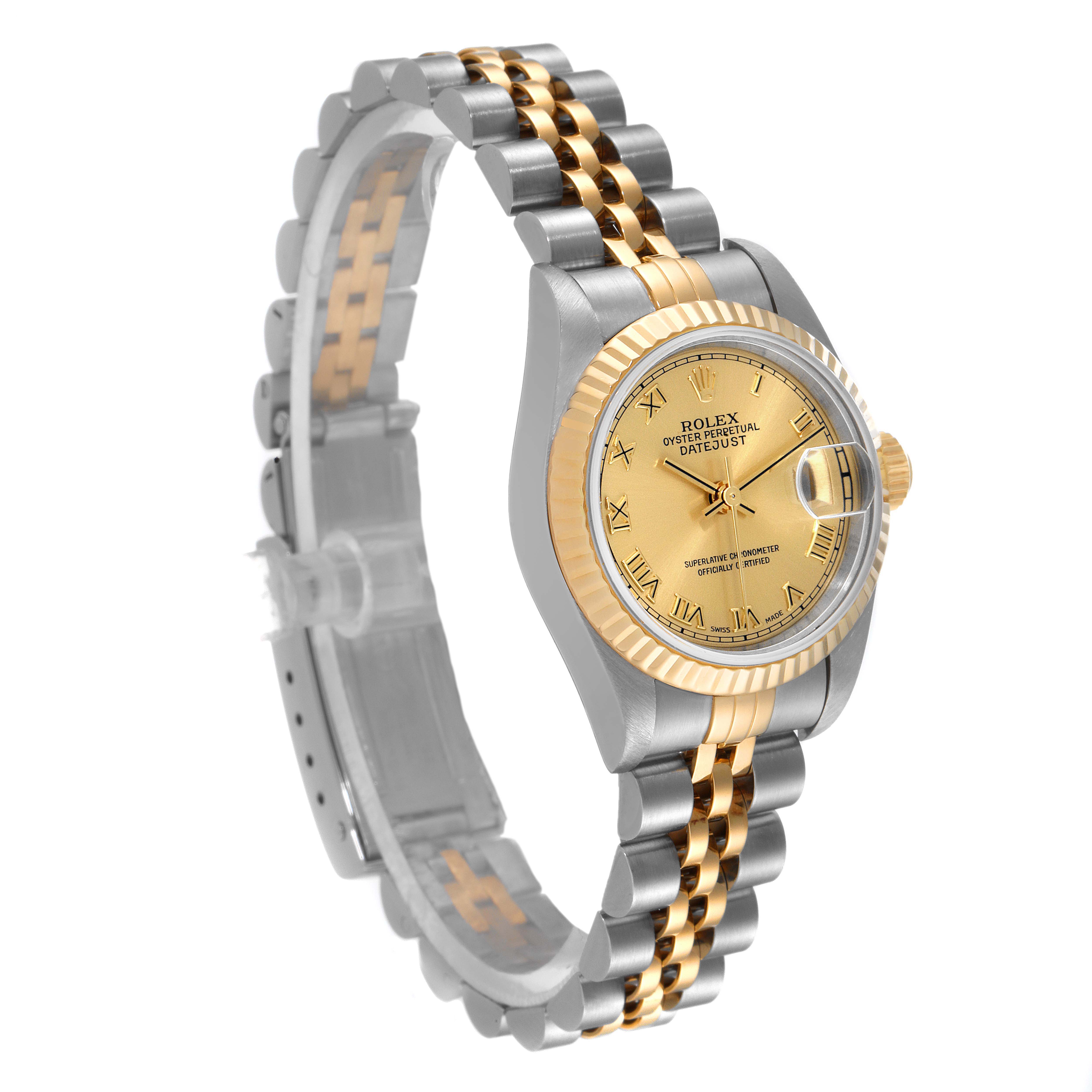 This image shows a Rolex Datejust 69173 Women
s Steel and Gold (two tone) Champagne Dial 69173 Women
s Steel and Gold (two tone) Champagne Dial watch angled to display its dial, bezel, and two-tone bracelet.