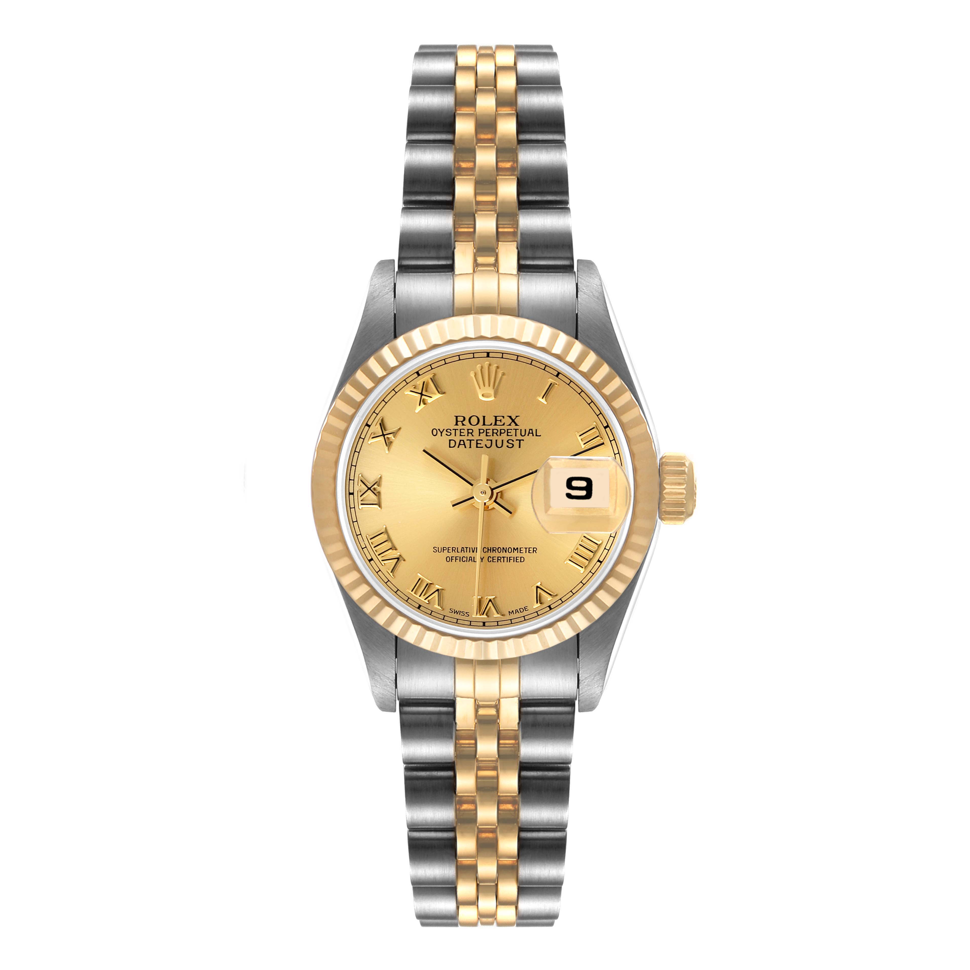 The image shows a Rolex Datejust 69173 Women
s Steel and Gold (two tone) Champagne Dial 69173 Women
s Steel and Gold (two tone) Champagne Dial watch in a frontal view, highlighting the dial, date display, and two-tone bracelet.