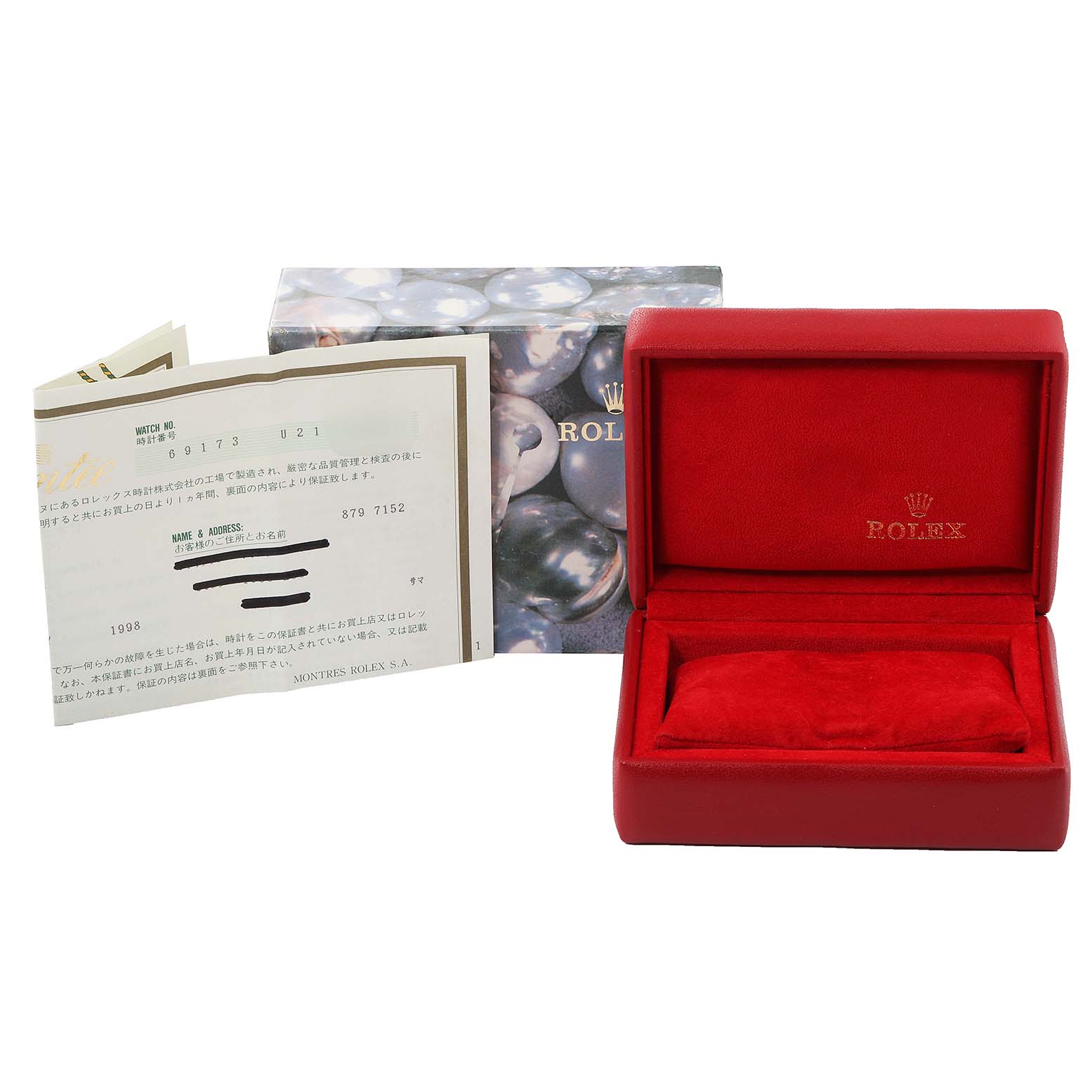 This image shows a red Rolex watch box, warranty paperwork, and outer packaging for the Rolex Datejust 69173 Women
s Steel and Gold (two tone) Champagne Dial 69173 Women
s Steel and Gold (two tone) Champagne Dial model.