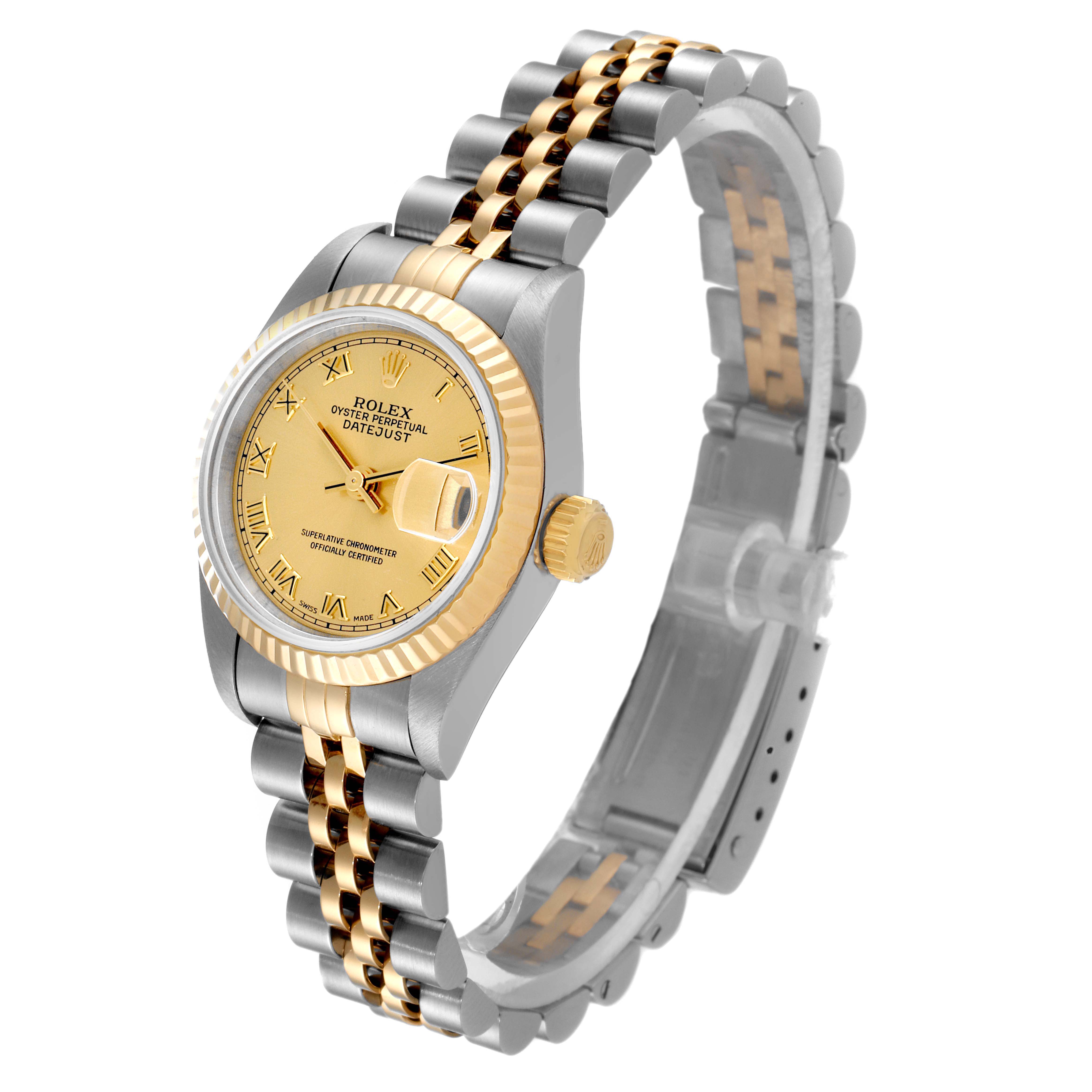 This image shows a Rolex Datejust 69173 Women
s Steel and Gold (two tone) Champagne Dial 69173 Women
s Steel and Gold (two tone) Champagne Dial watch at a three-quarter angle, highlighting the face, bezel, crown, and Jubilee bracelet.