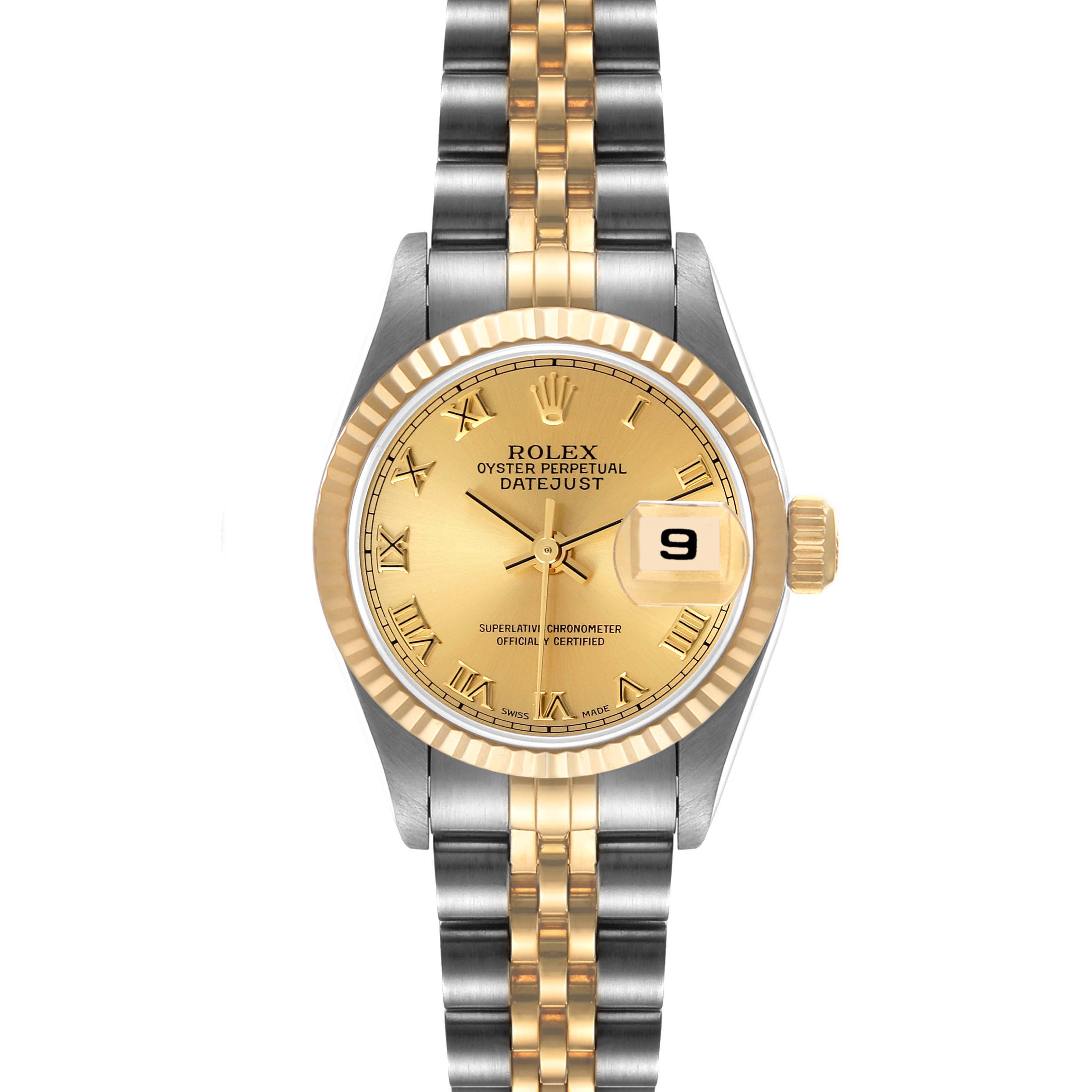 The image shows a front view of a Rolex Datejust 69173 Women
s Steel and Gold (two tone) Champagne Dial 69173 Women
s Steel and Gold (two tone) Champagne Dial watch featuring a gold and silver bracelet, gold dial, and date display.