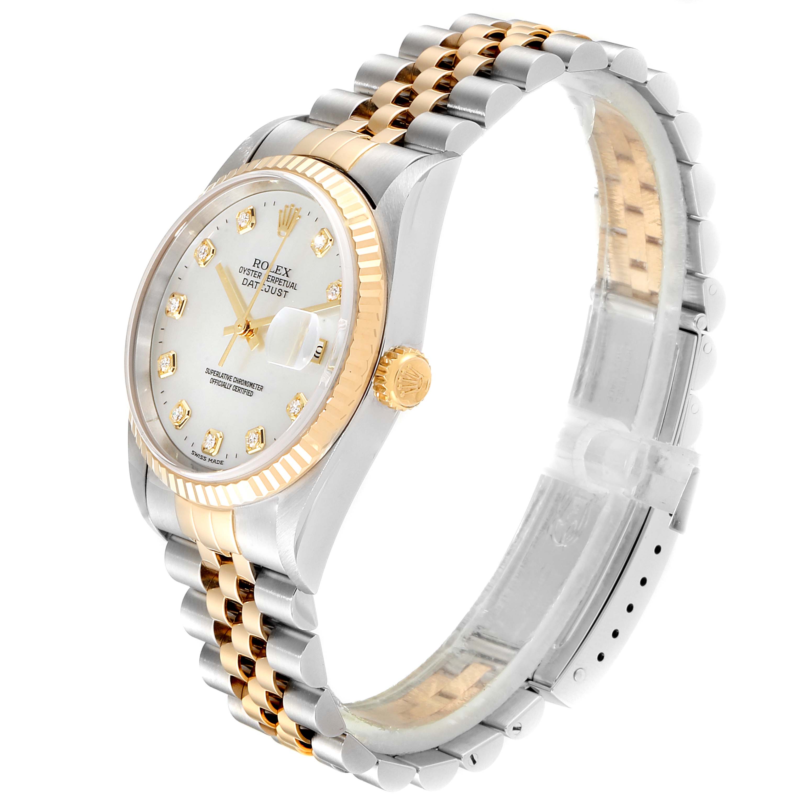This image shows a side-angle view of a Rolex Datejust 16233 Men
s Steel and Gold (two tone) Mother of Pearl Dial 16233 Men
s Steel and Gold (two tone) Mother of Pearl Dial watch, highlighting its two-tone bracelet and gold bezel.