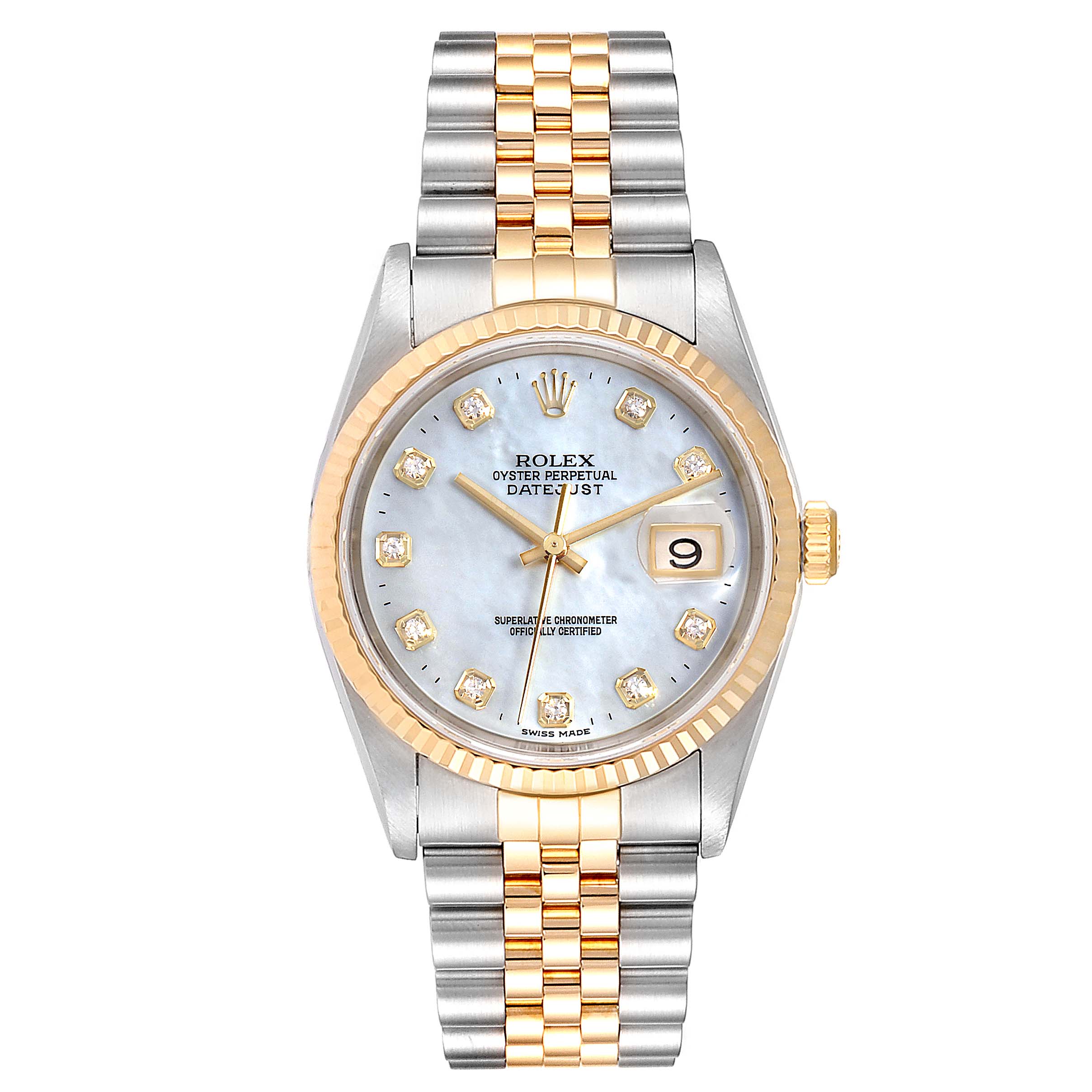 The image shows a front view of the Rolex Datejust 16233 Men
s Steel and Gold (two tone) Mother of Pearl Dial 16233 Men
s Steel and Gold (two tone) Mother of Pearl Dial watch, featuring the face, bezel, and bracelet.