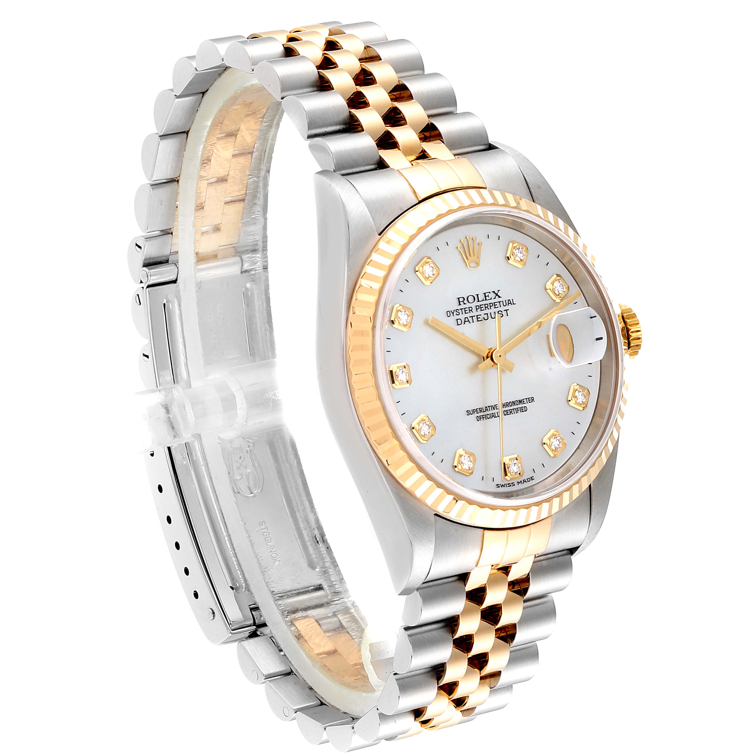 The image shows a Rolex Datejust 16233 Men
s Steel and Gold (two tone) Mother of Pearl Dial 16233 Men
s Steel and Gold (two tone) Mother of Pearl Dial watch at a front-left angle, displaying the dial, bezel, crown, and two-tone bracelet.