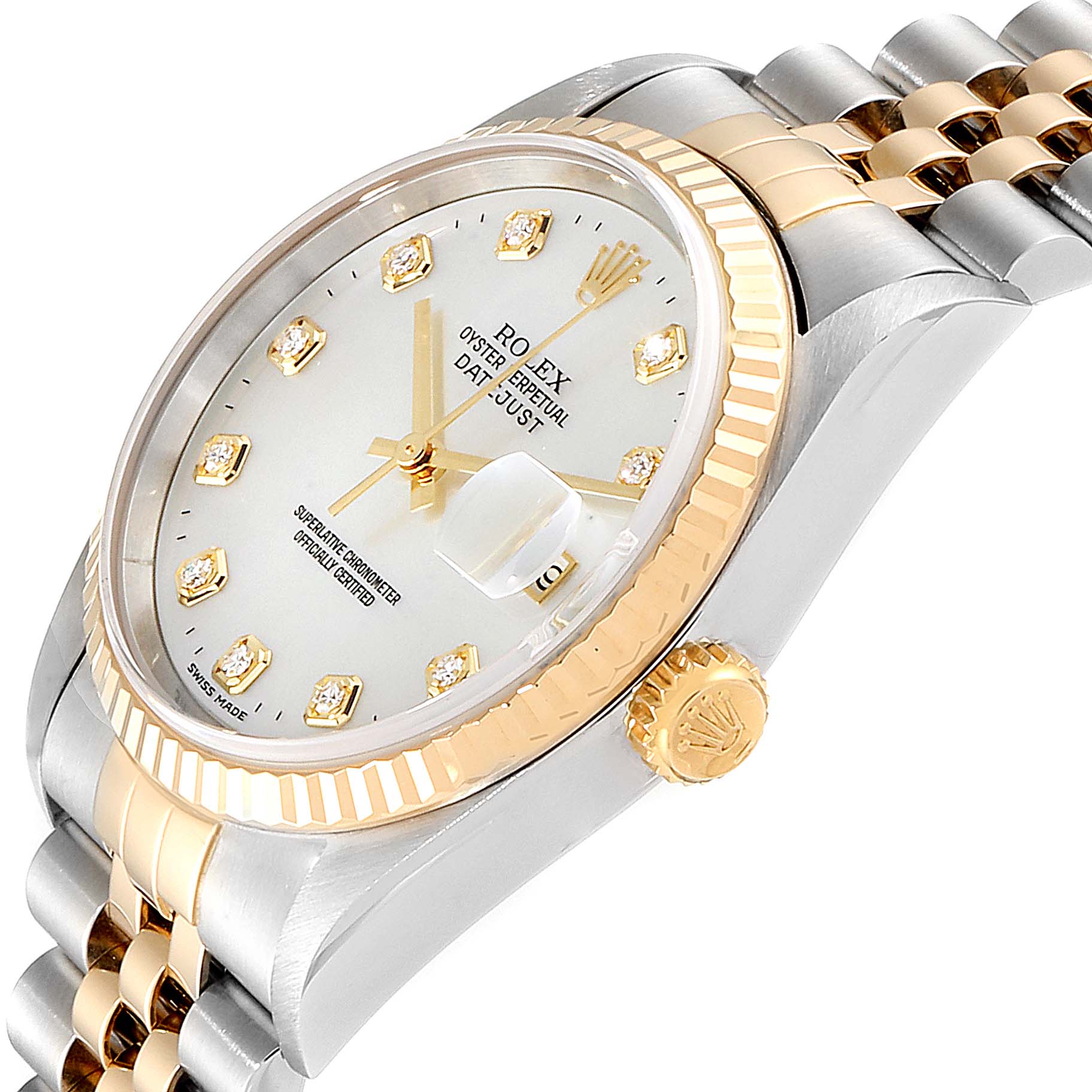 The image shows a three-quarter angle view of a Rolex Datejust 16233 Men
s Steel and Gold (two tone) Mother of Pearl Dial 16233 Men
s Steel and Gold (two tone) Mother of Pearl Dial watch, highlighting the face, bezel, crown, and part of the bracelet.