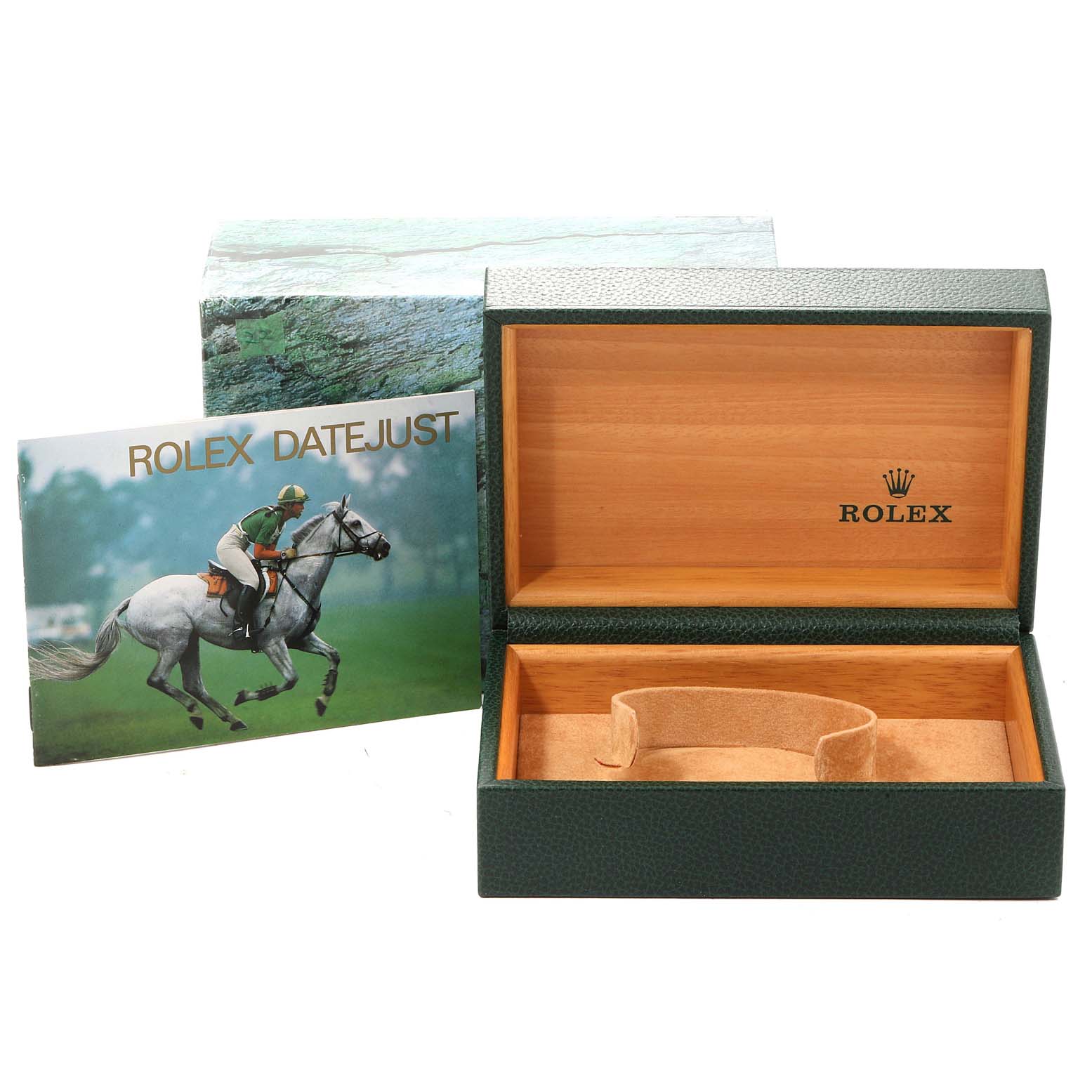 The image shows an open Rolex Datejust 16233 Men
s Steel and Gold (two tone) Mother of Pearl Dial 16233 Men
s Steel and Gold (two tone) Mother of Pearl Dial watch box and an accompanying booklet at eye level.