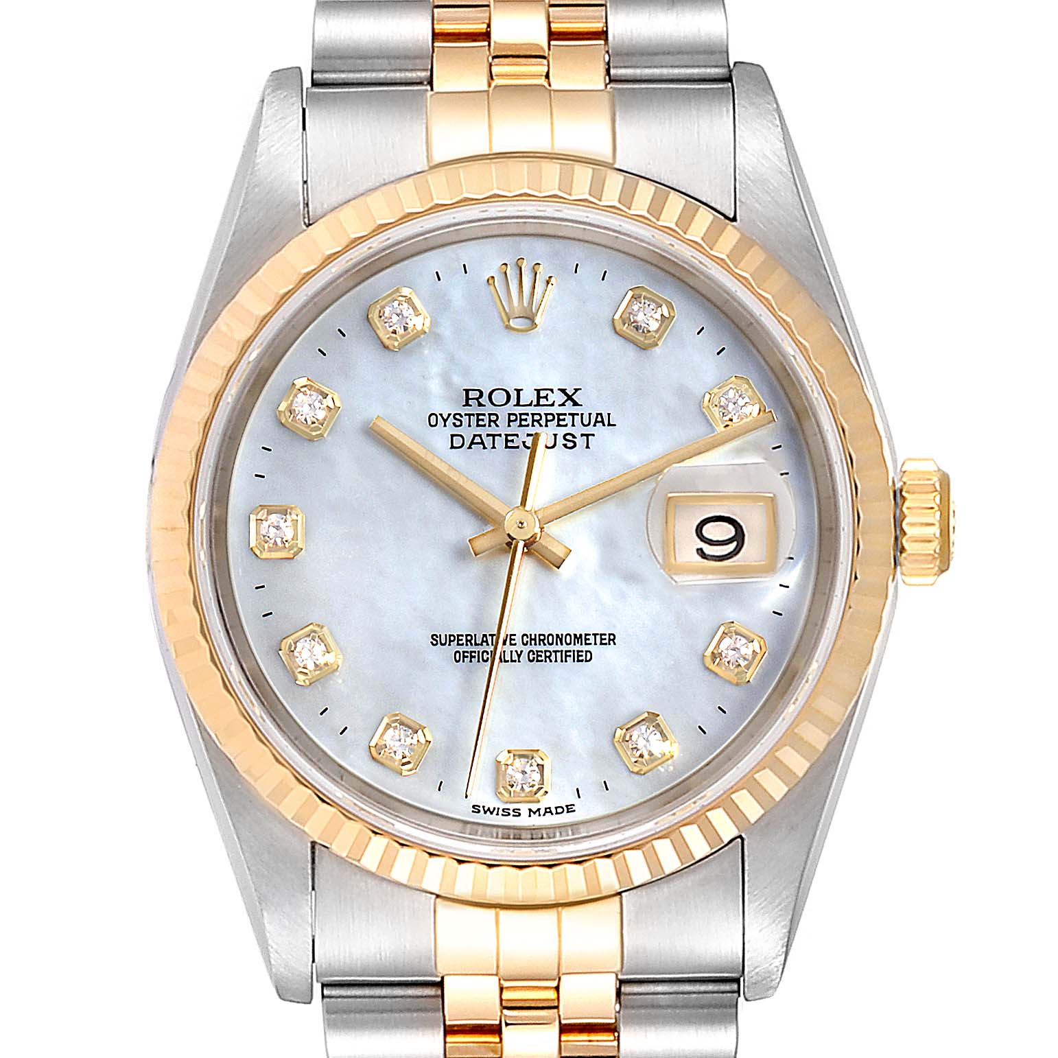 The image shows a front view of the Rolex Datejust 16233 Men
s Steel and Gold (two tone) Mother of Pearl Dial 16233 Men
s Steel and Gold (two tone) Mother of Pearl Dial watch, displaying its dial, bezel, crown, and partial bracelet.