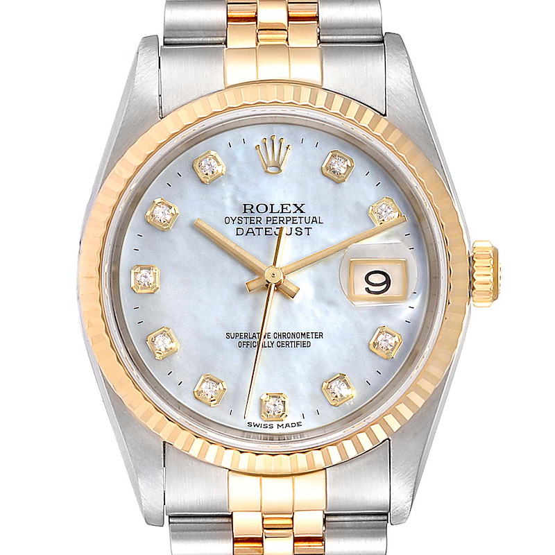 Rolex Datejust Steel Yellow Gold MOP Diamond Dial Mens Watch 16233 SwissWatchExpo