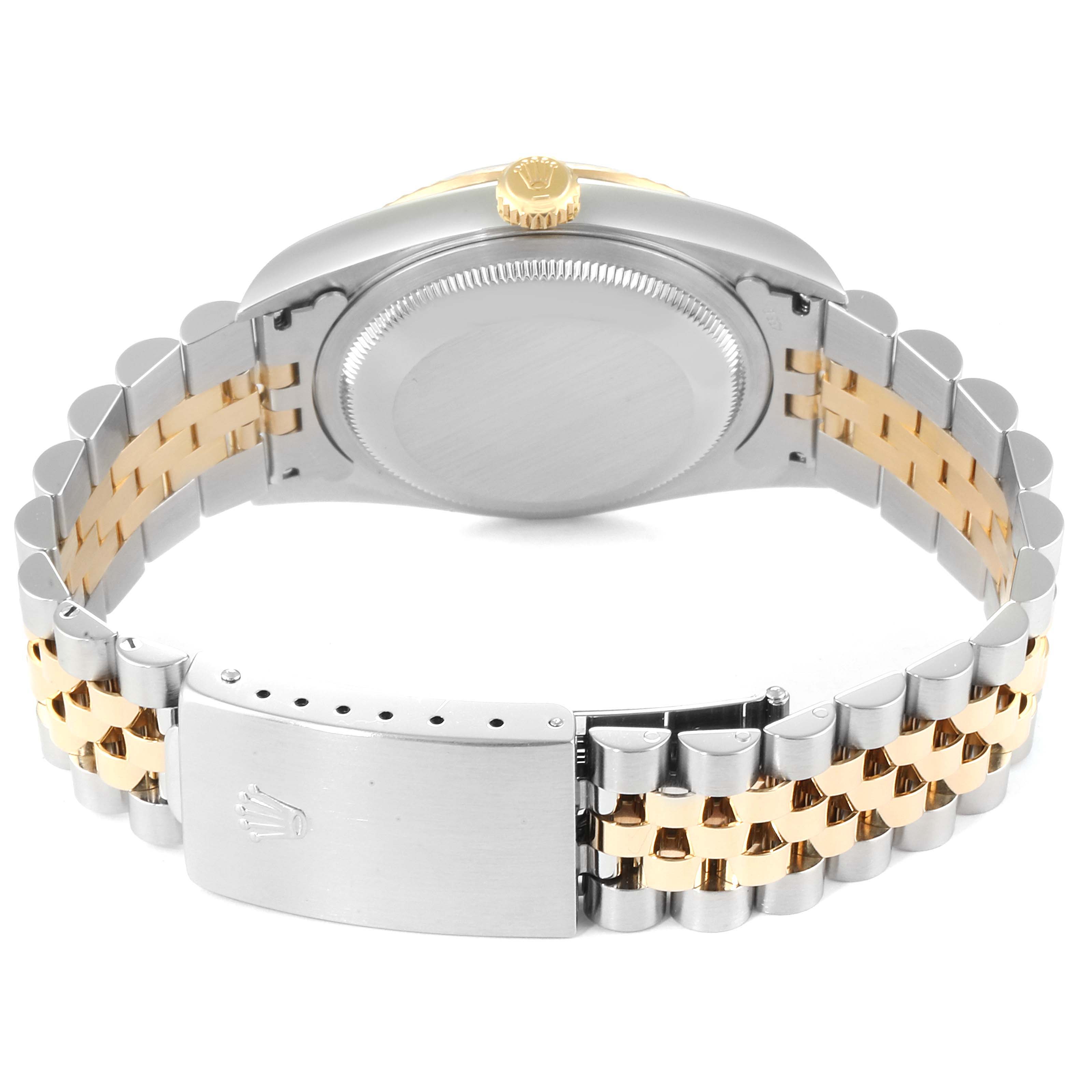 The image shows the back view of a Rolex Datejust 16233 Men
s Steel and Gold (two tone) Mother of Pearl Dial 16233 Men
s Steel and Gold (two tone) Mother of Pearl Dial model, highlighting the case back, crown, and jubilee bracelet.