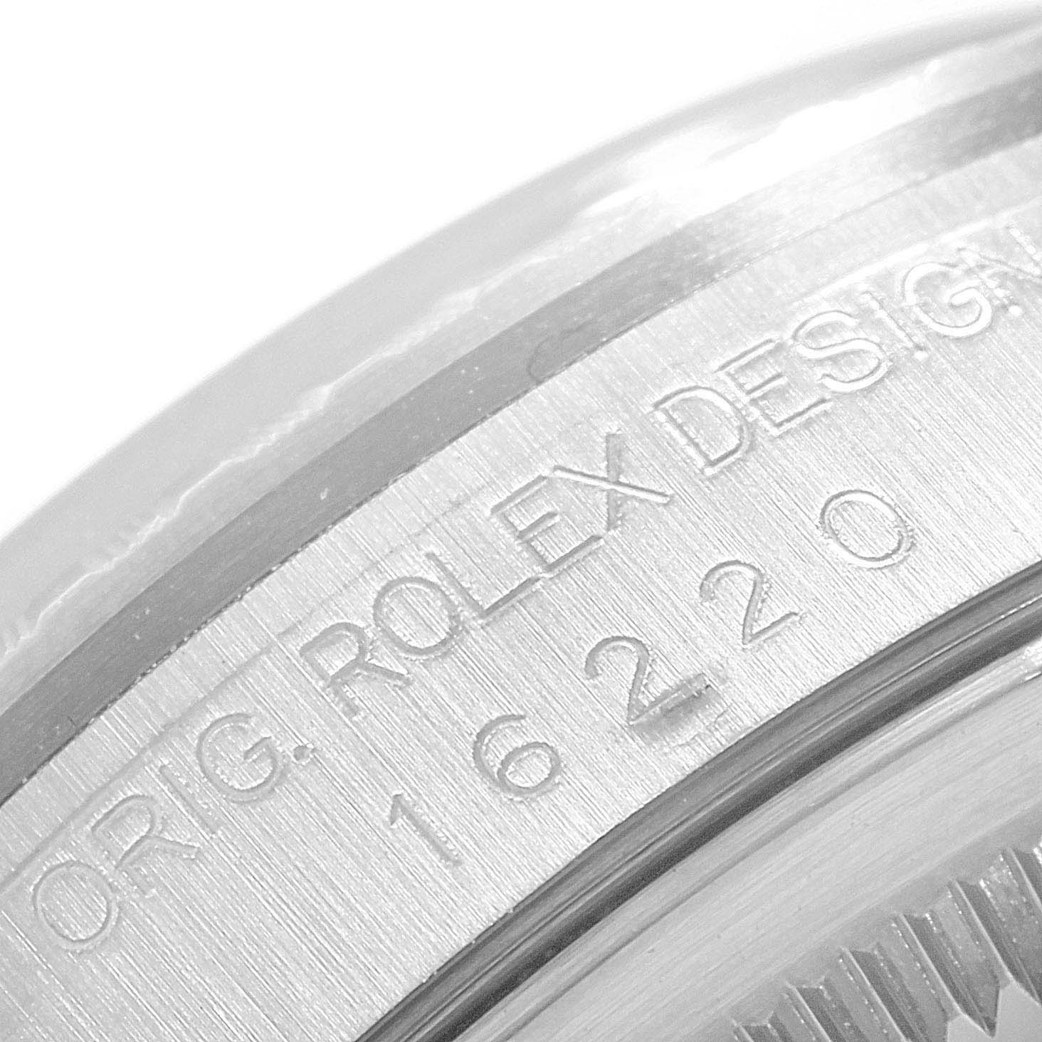 This image shows a close-up of the engraved case back of the Rolex Datejust 16220 Men's Stainless Steel White Dial 16220 Men's Stainless Steel White Dial model, displaying its reference number.