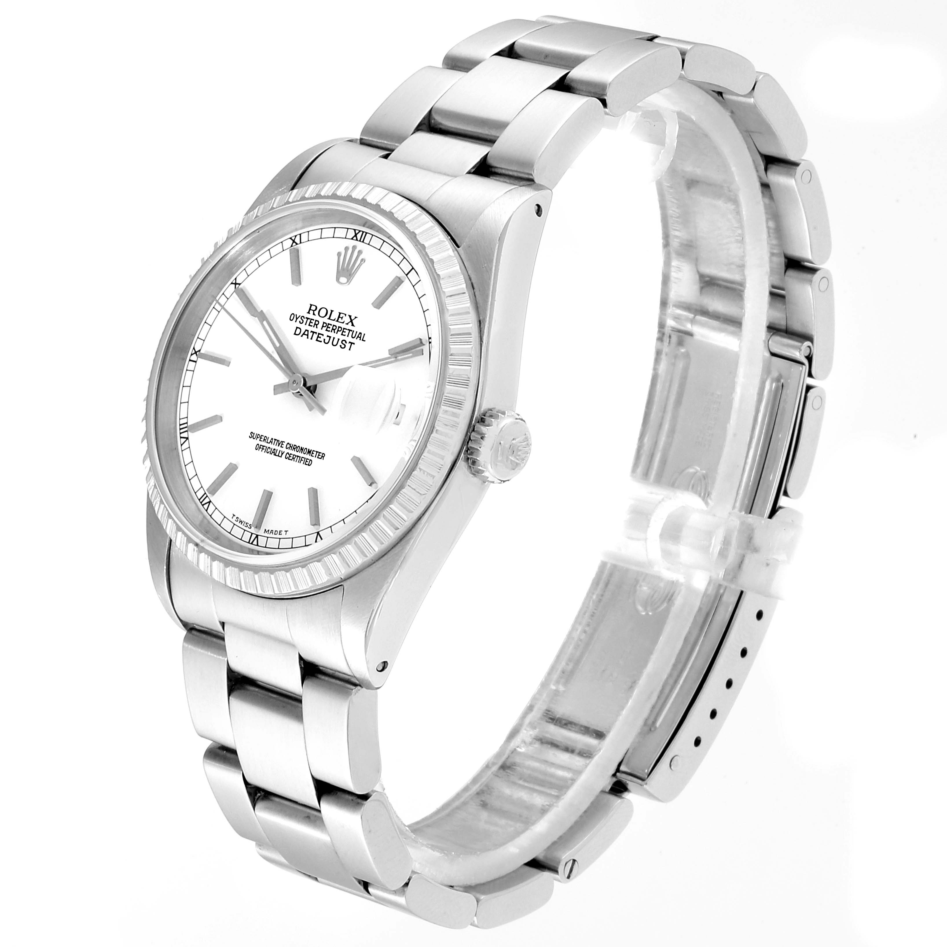 The Rolex Datejust 16220 Men's Stainless Steel White Dial 16220 Men's Stainless Steel White Dial watch is shown at an angle highlighting its dial, bezel, crown, and metal bracelet.