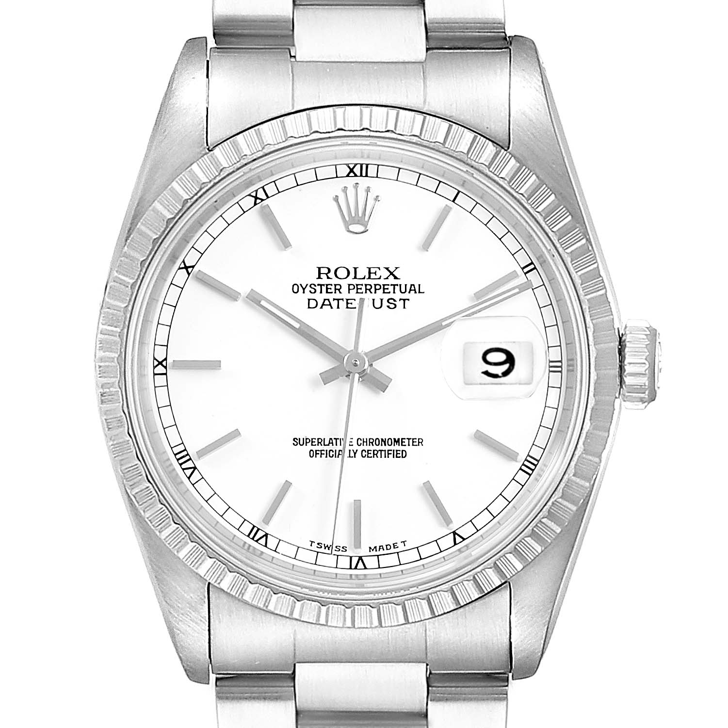 The image shows a front view of the Rolex Datejust 16220 Men's Stainless Steel White Dial 16220 Men's Stainless Steel White Dial watch displaying the dial, hands, date window, crown, and bracelet.