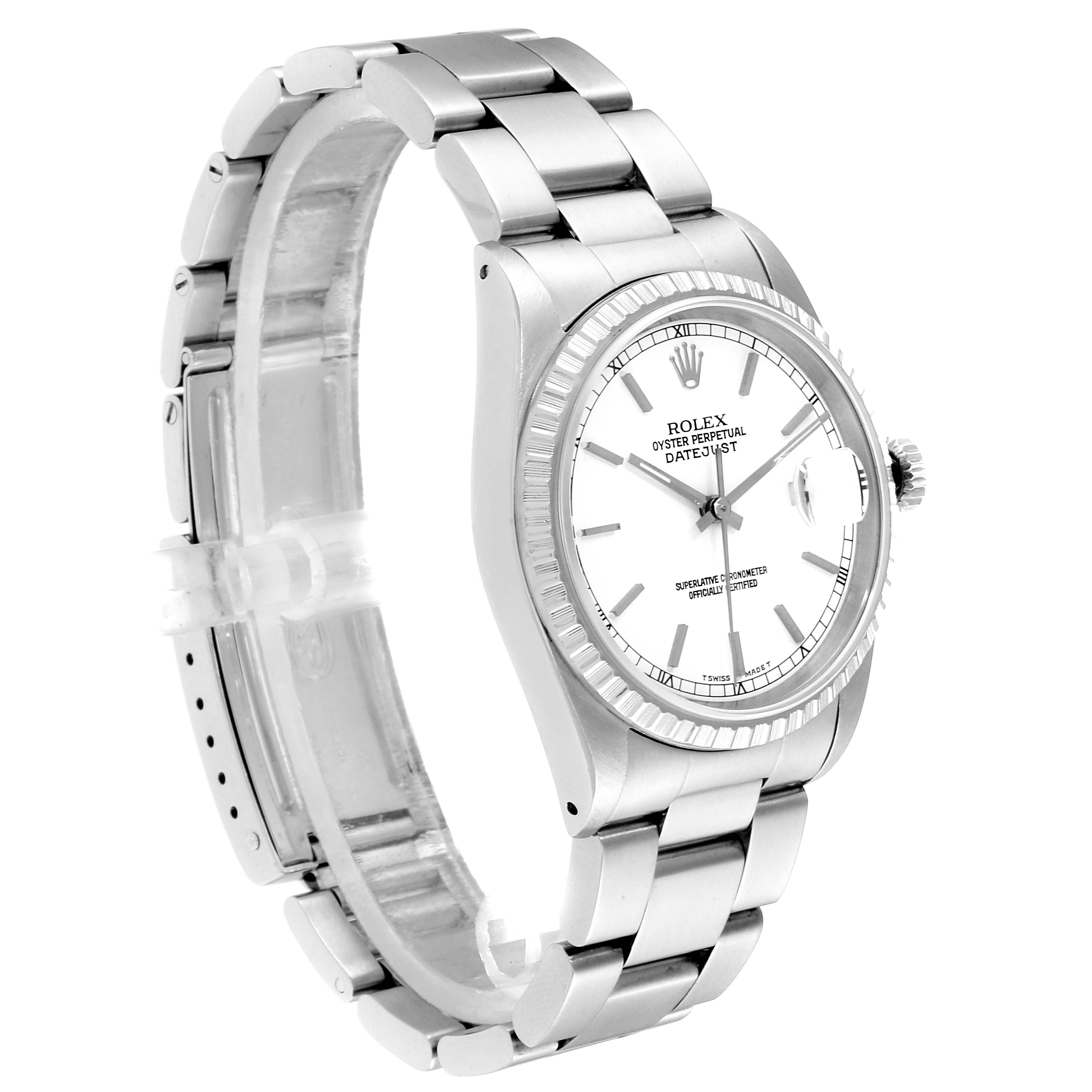 The image shows a side view angle of the Rolex Datejust 16220 Men's Stainless Steel White Dial 16220 Men's Stainless Steel White Dial watch, featuring its bracelet, clasp, bezel, and face.