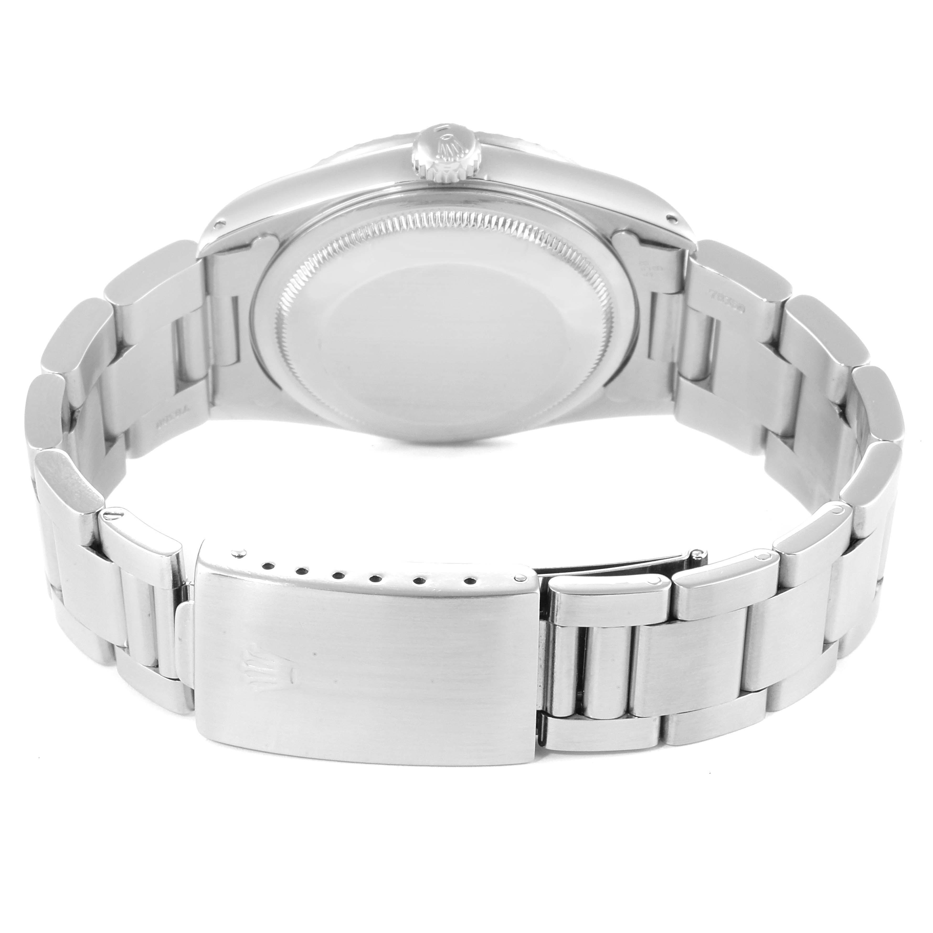 The image shows the back view of a Rolex Datejust 16220 Men's Stainless Steel White Dial 16220 Men's Stainless Steel White Dial watch, revealing the case back, bracelet, and clasp.