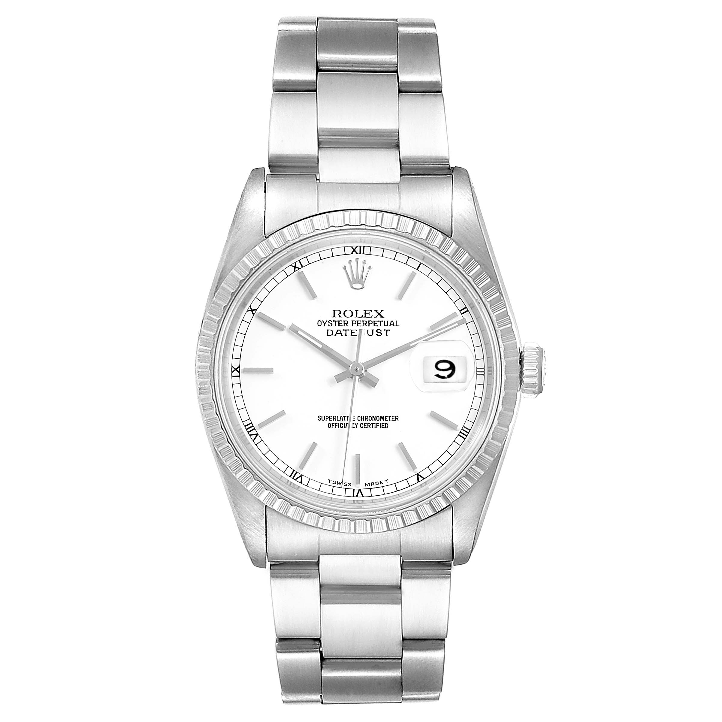 The image shows a front view of a Rolex Datejust 16220 Men's Stainless Steel White Dial 16220 Men's Stainless Steel White Dial watch, displaying its face, bezel, crown, and bracelet.