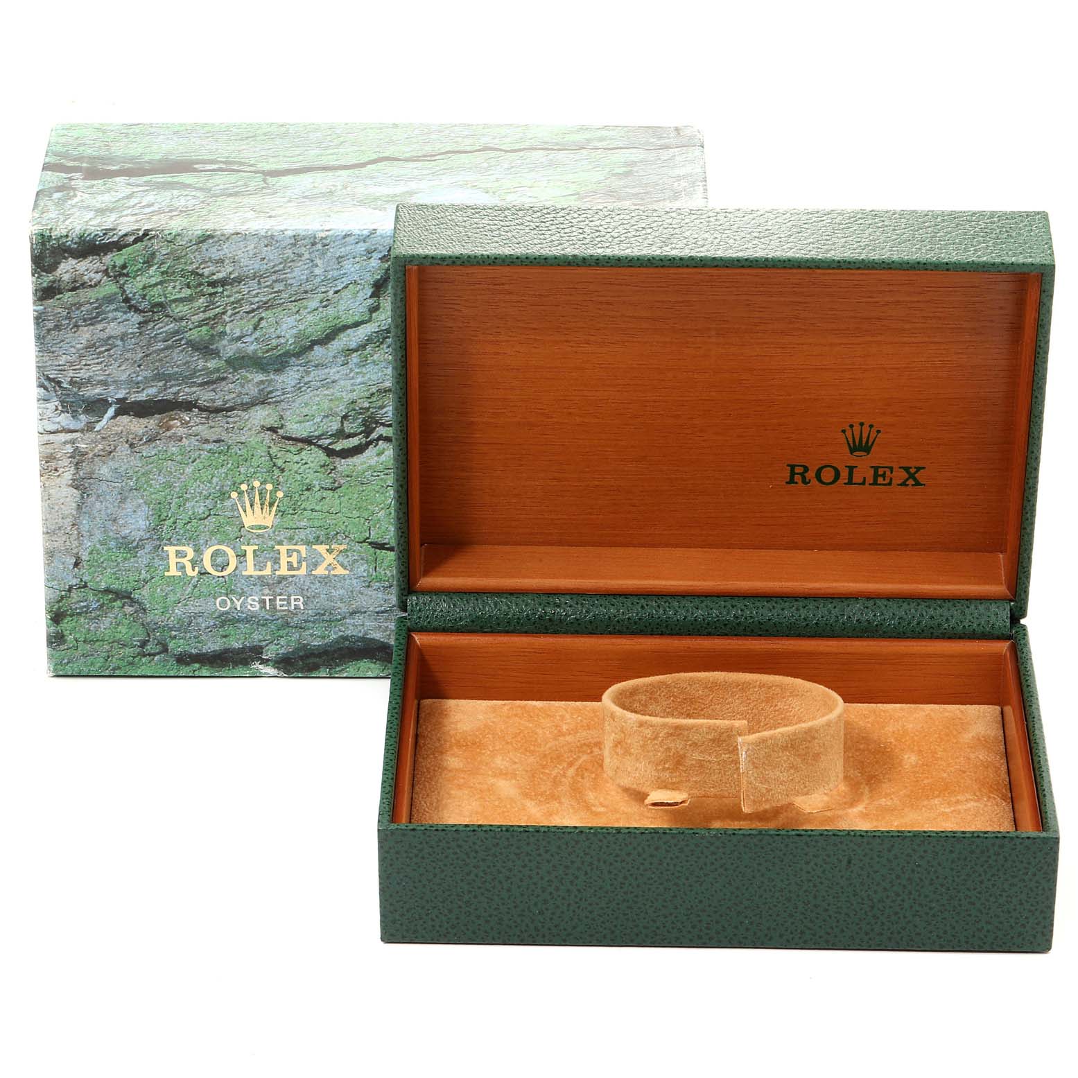 The image shows the open box and the suede watch cushion of a Rolex Datejust 16220 Men's Stainless Steel White Dial 16220 Men's Stainless Steel White Dial.