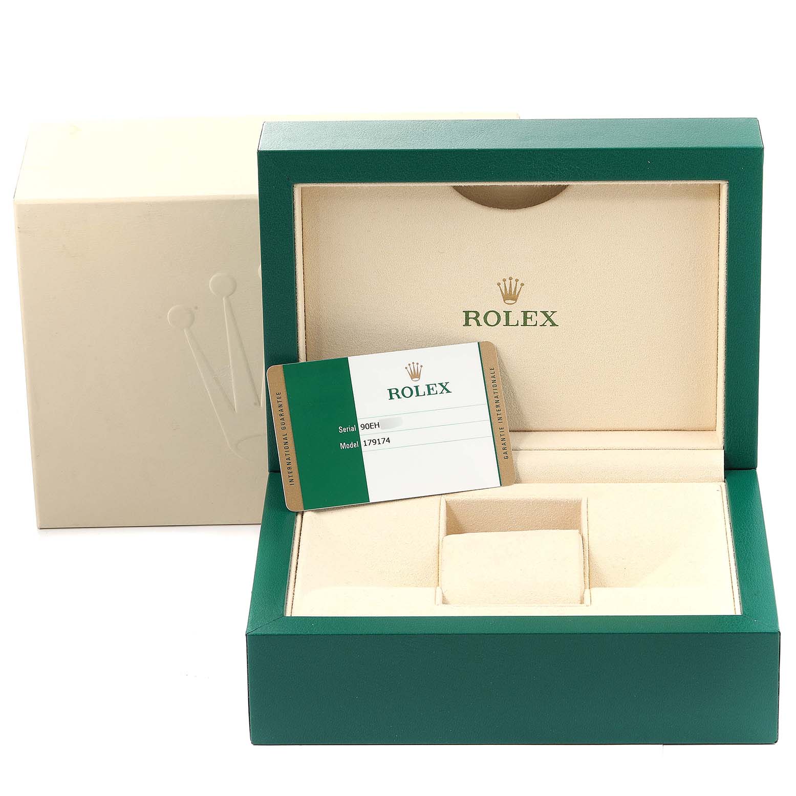 The image shows the open box and authenticity card of a Rolex Datejust 179174 Women's Stainless Steel Silver Dial 179174 Women's Stainless Steel Silver Dial, model 179174.