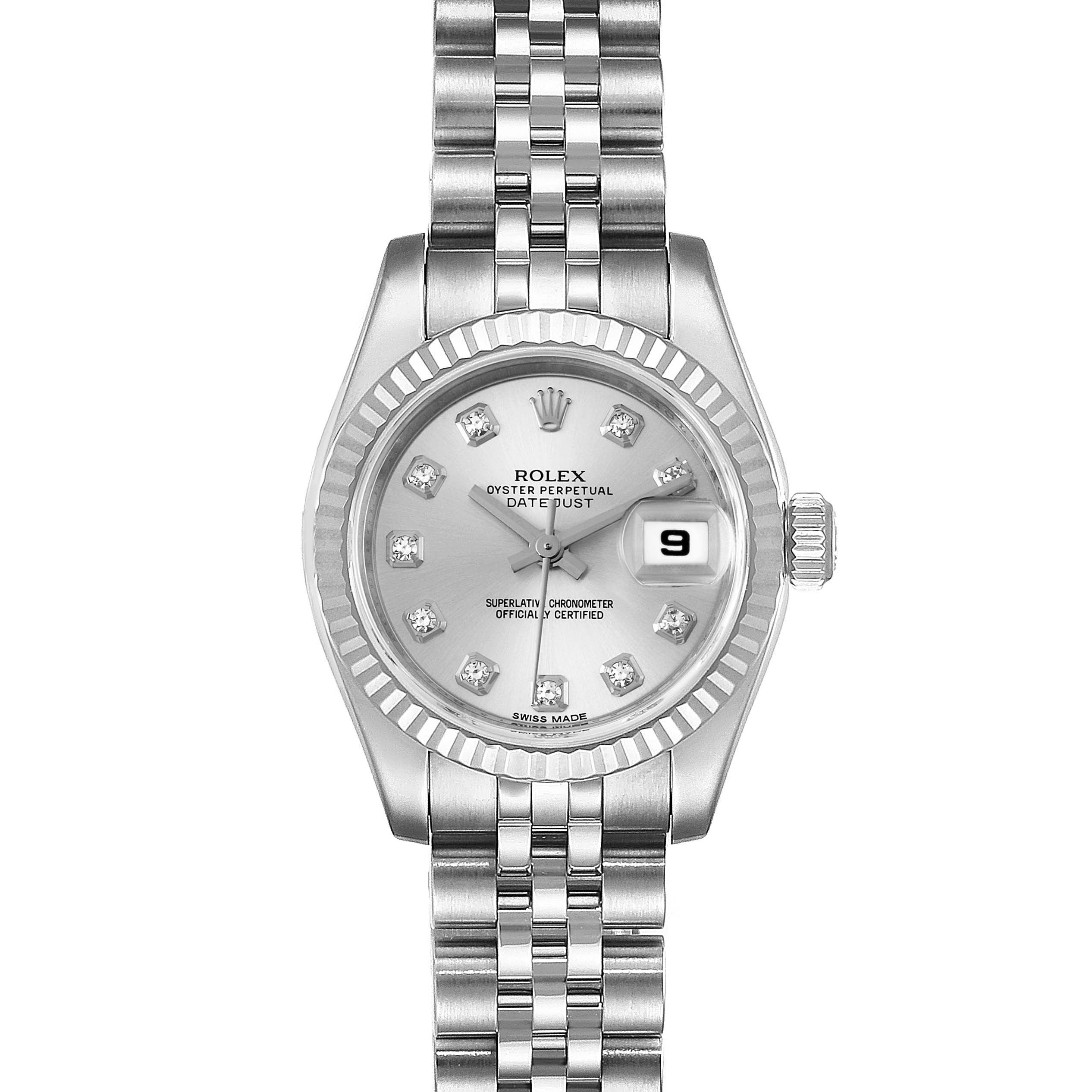 The image shows a Rolex Datejust 179174 Women's Stainless Steel Silver Dial 179174 Women's Stainless Steel Silver Dial watch from a front view, highlighting its face, bracelet, and fluted bezel.