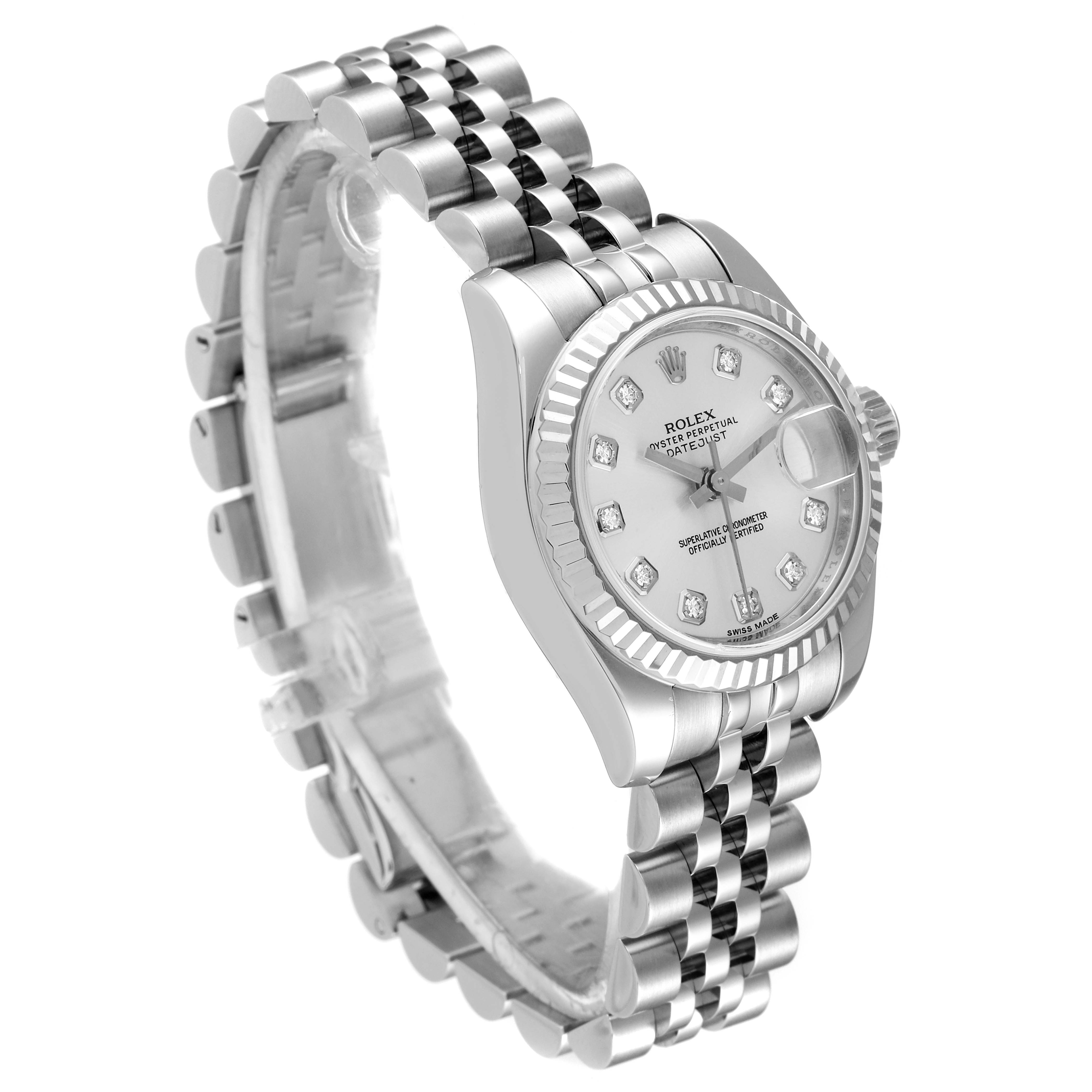 The image shows a Rolex Datejust 179174 Women's Stainless Steel Silver Dial 179174 Women's Stainless Steel Silver Dial watch from a three-quarter angle, displaying the face, bezel, crown, and jubilee bracelet.