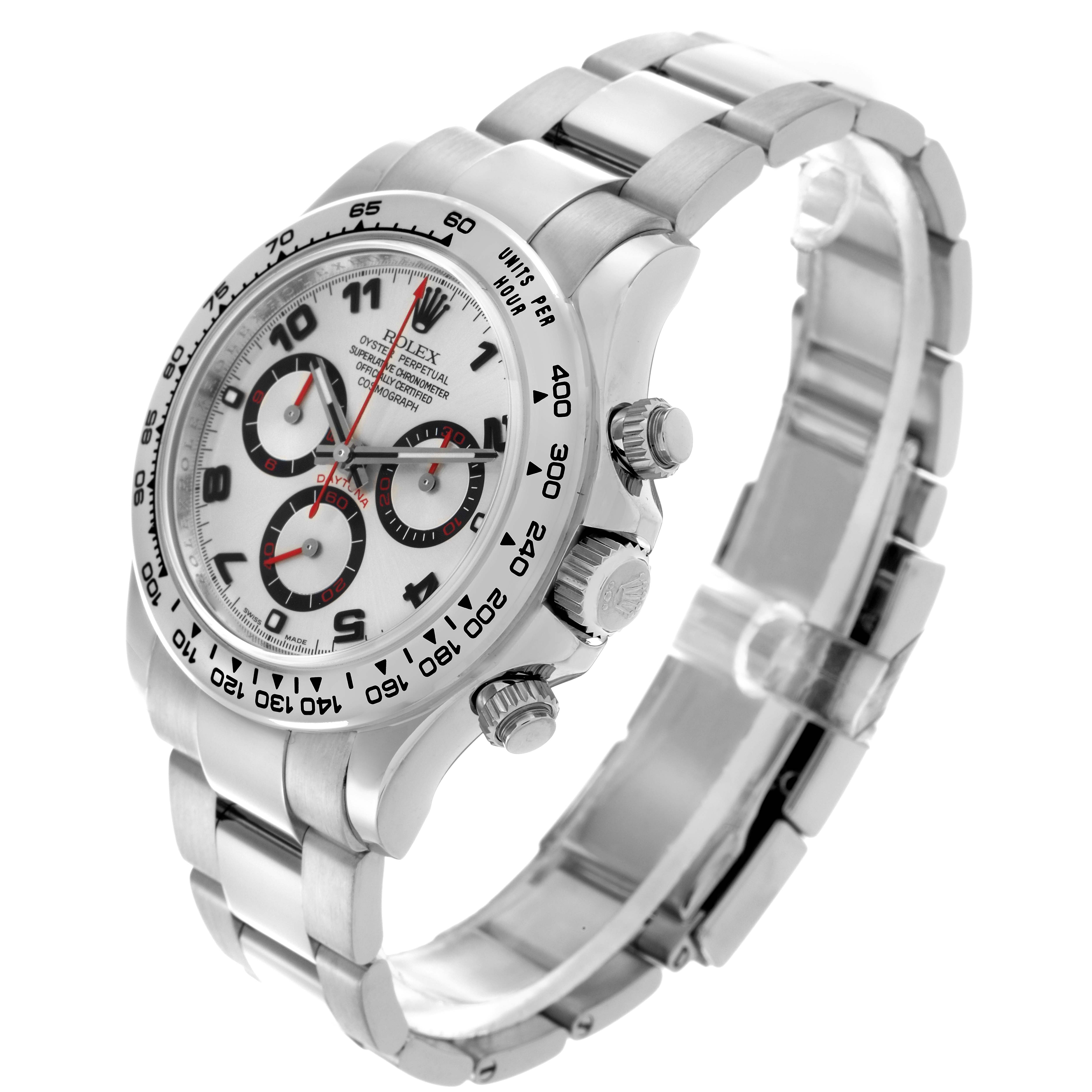 The Rolex Daytona 116509 Men
s White Gold Silver Dial 116509 Men
s White Gold Silver Dial watch is shown at an angled side view, highlighting the bezel, dial, crown, and bracelet.
